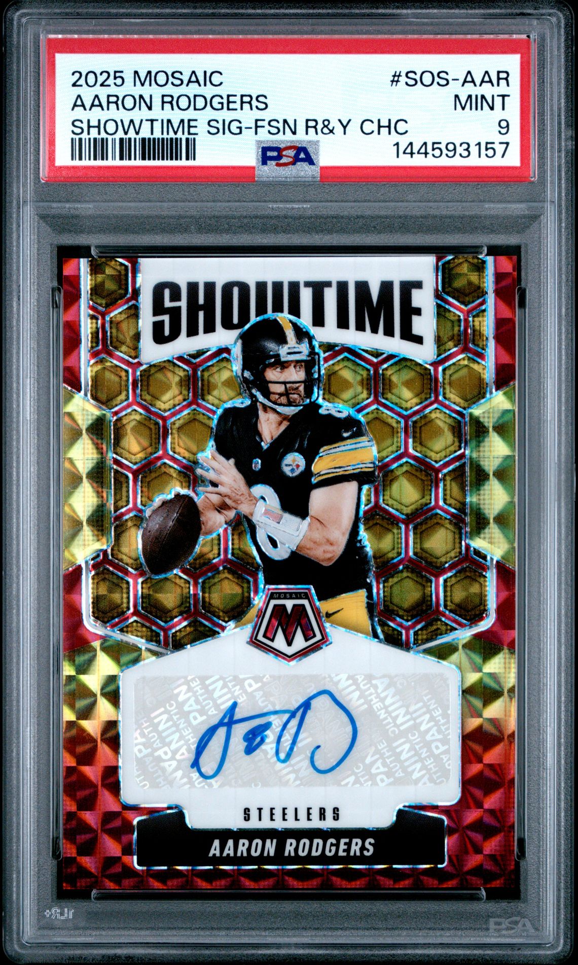 2025 Panini Mosaic Showtime Signatures Aaron Rodgers #Sos-Aar (Showtime Sig-Fsn R&Y Chc) Mint 9 front