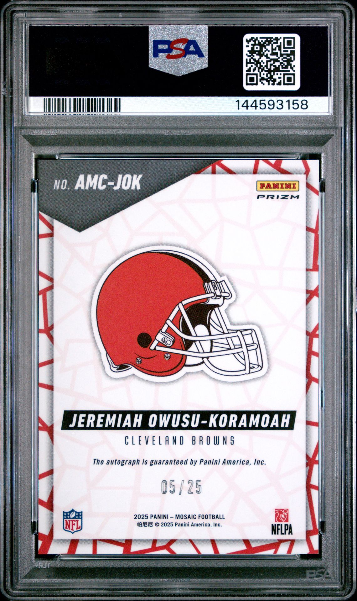2025 Panini Mosaic Autographs Mosaic J. Owusu-Koramoah #Amc-Jok (Au Mosaic-Fusion G&B Chc) Gem Mt 10 back