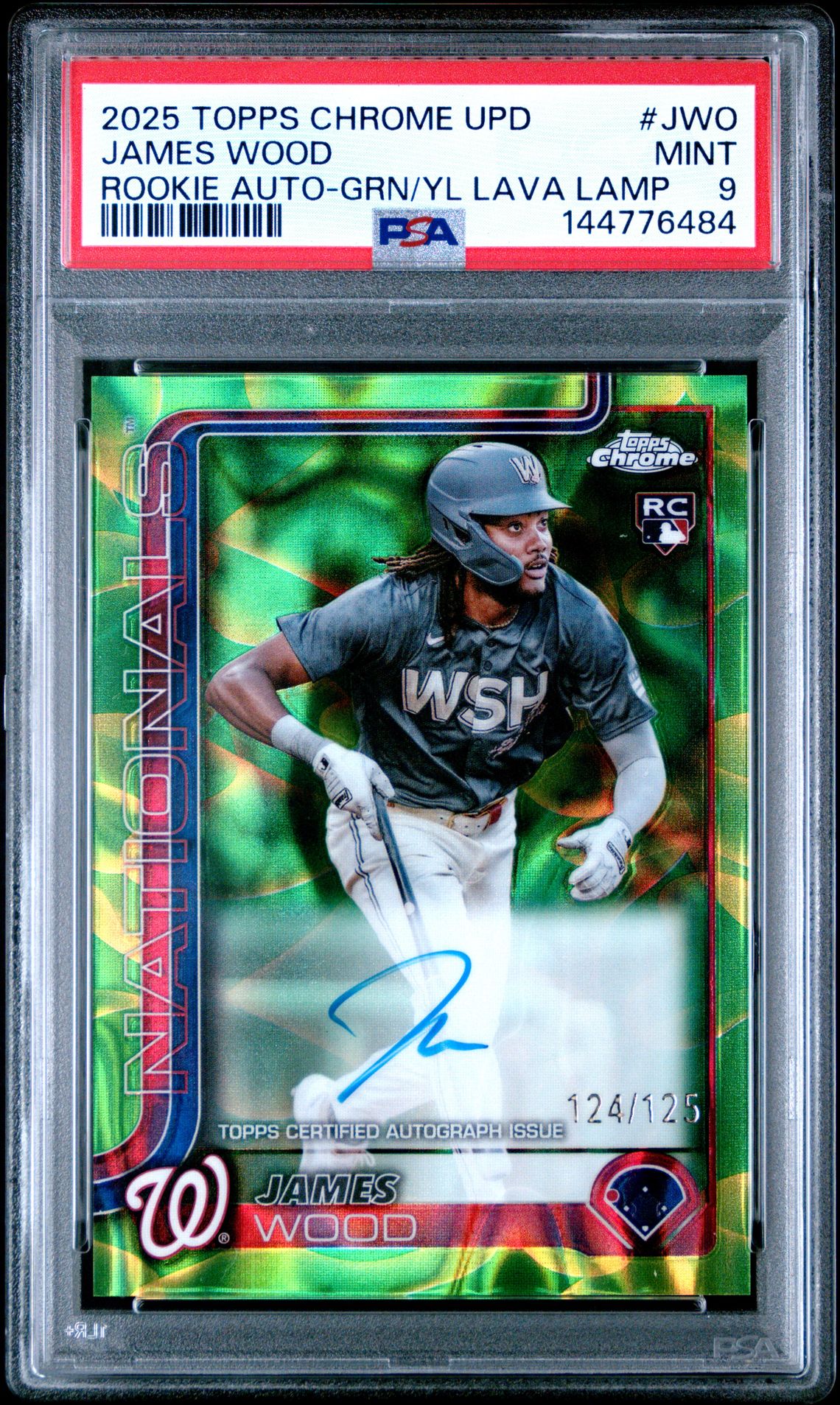 2025 Topps Chrome Update Rookie Autographs James Wood #Jwo (Rookie Auto-Grn/Yl Lava Lamp) Mint 9 front