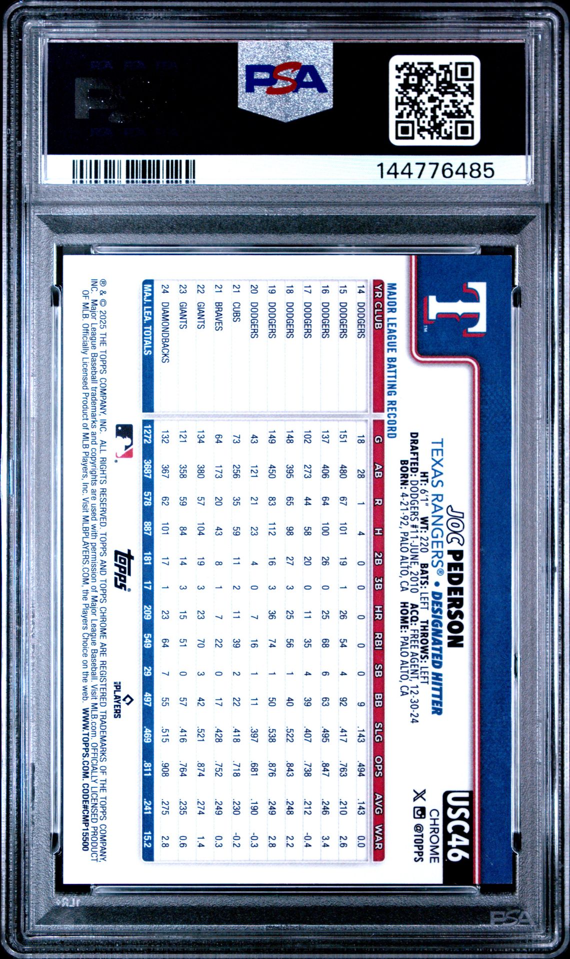 2025 Topps Chrome Update Joc Pederson #46 (Orange Wave) Gem Mt 10 back