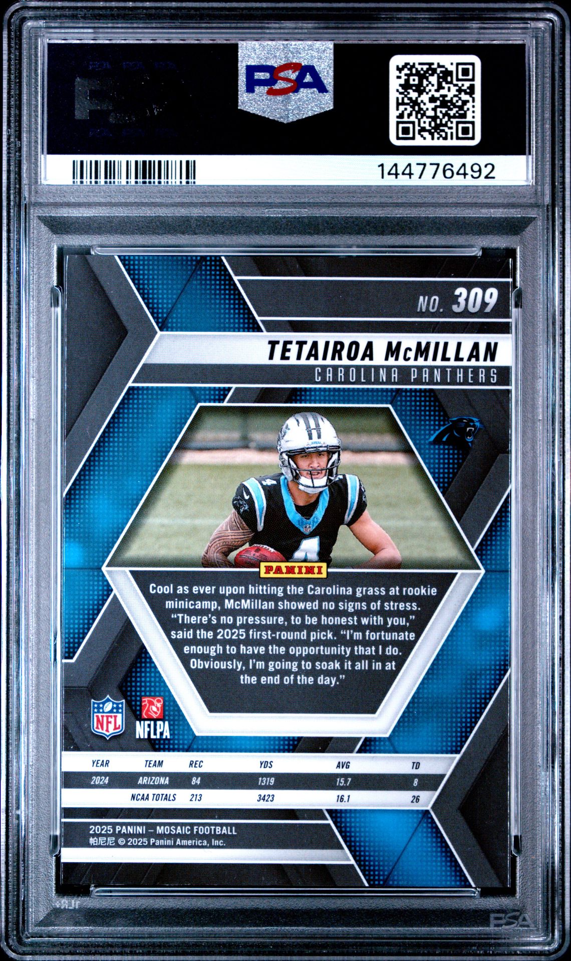 2025 Panini Mosaic Tetairoa Mcmillan #309 Gem Mt 10 back
