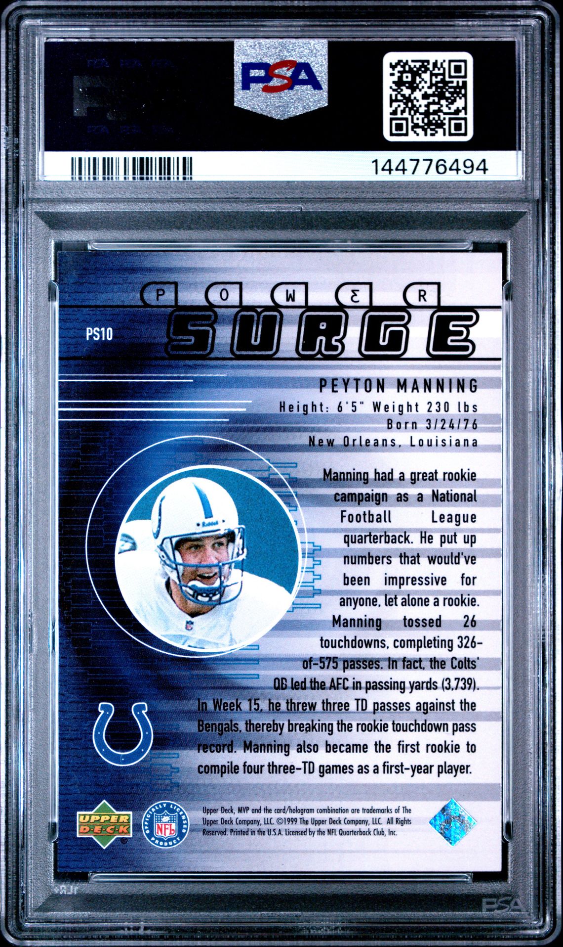 1999 Upper Deck Mvp Power Surge Peyton Manning #Ps10 (Power Surge) Nm 7 back