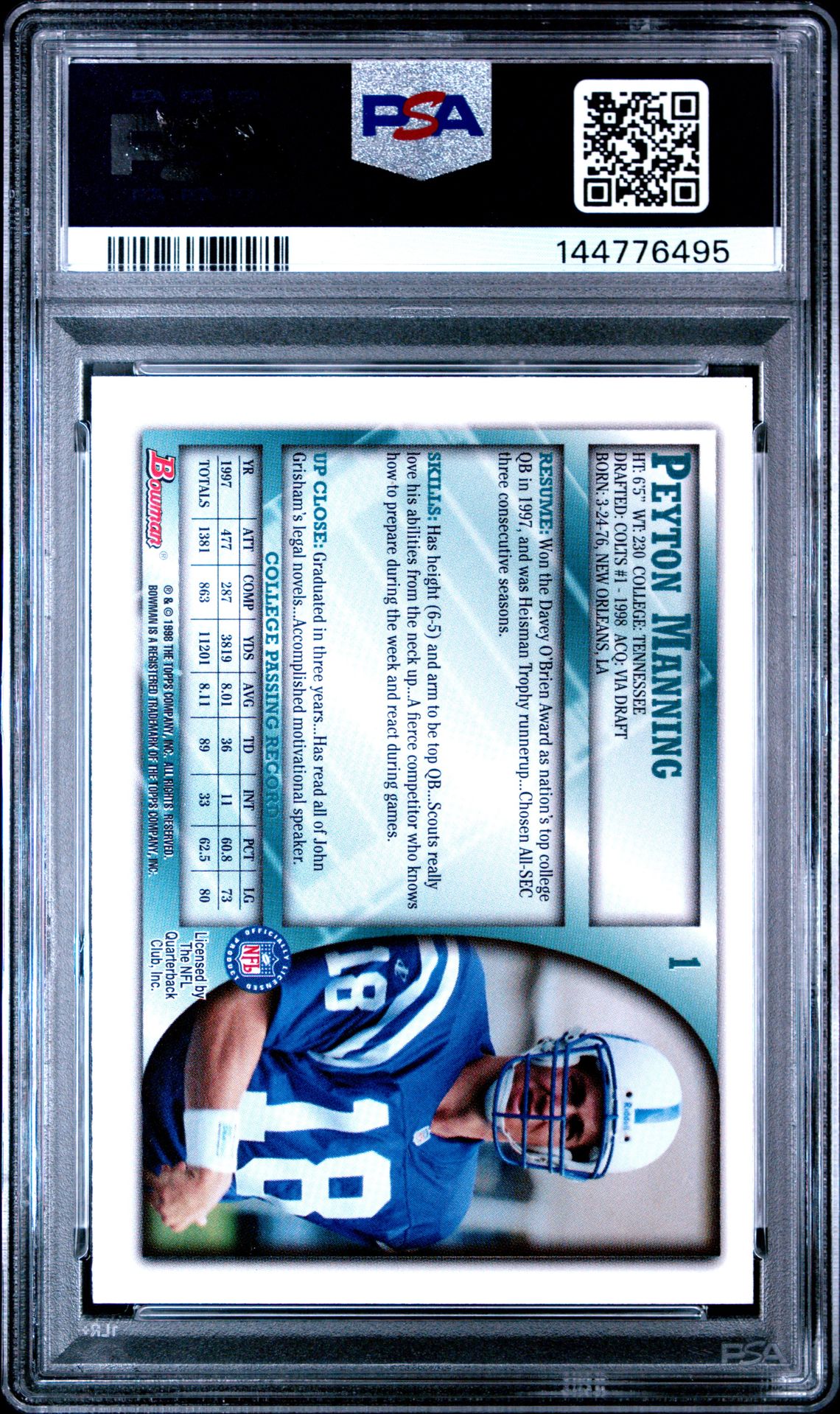 1998 Bowman Peyton Manning #1 Nm-Mt 8 back