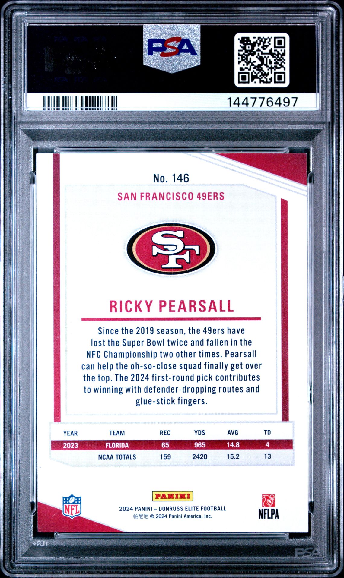 2024 Panini Donruss Elite Ricky Pearsall #146 (Aspirations Shimmer) Ex 5 back
