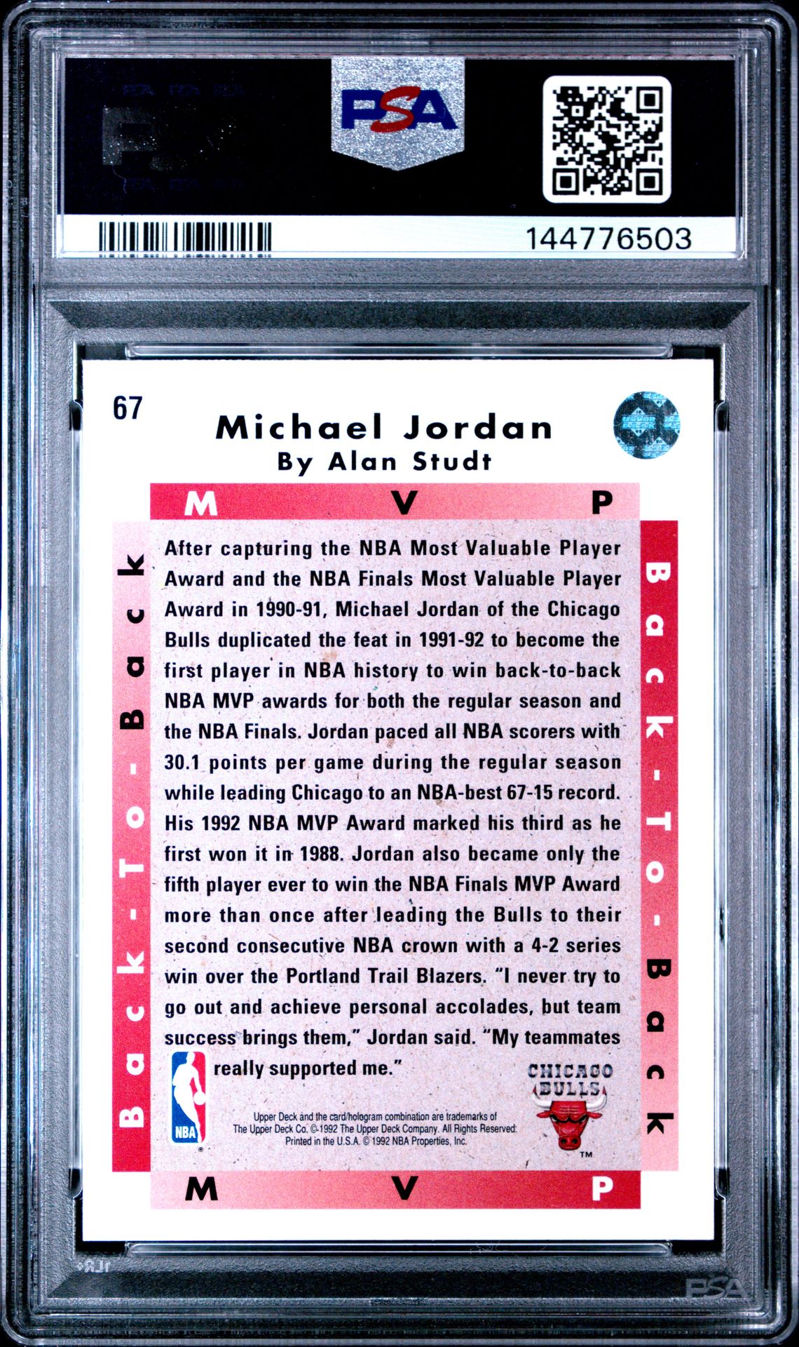 1992 Upper Deck Michael Jordan #67 (Mvp) Gem Mt 10 back