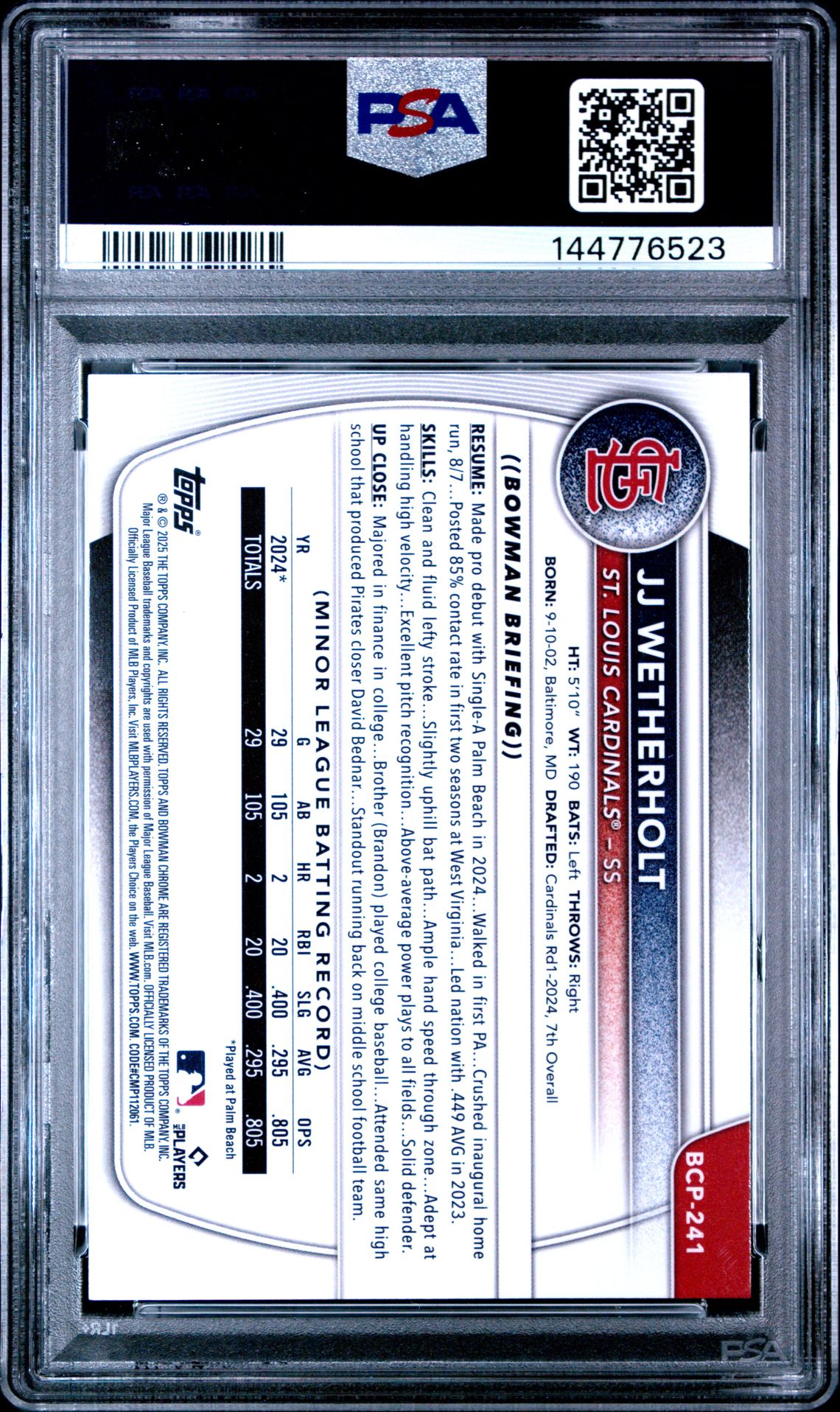 2025 Bowman Chrome Prospects Jj Wetherholt #Bcp241 (Prospects-Aqua Geometric) Mint 9 back