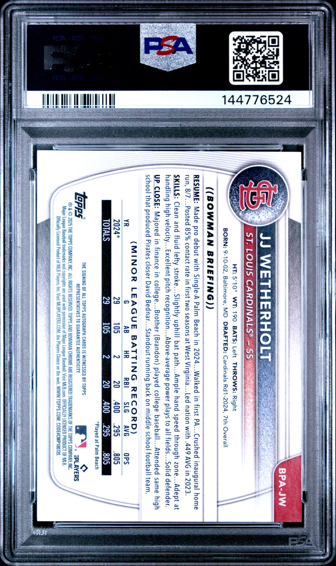 2025 Bowman Bowman Prospect Autographs Jj Wetherholt #Bpajw Mint 9 back