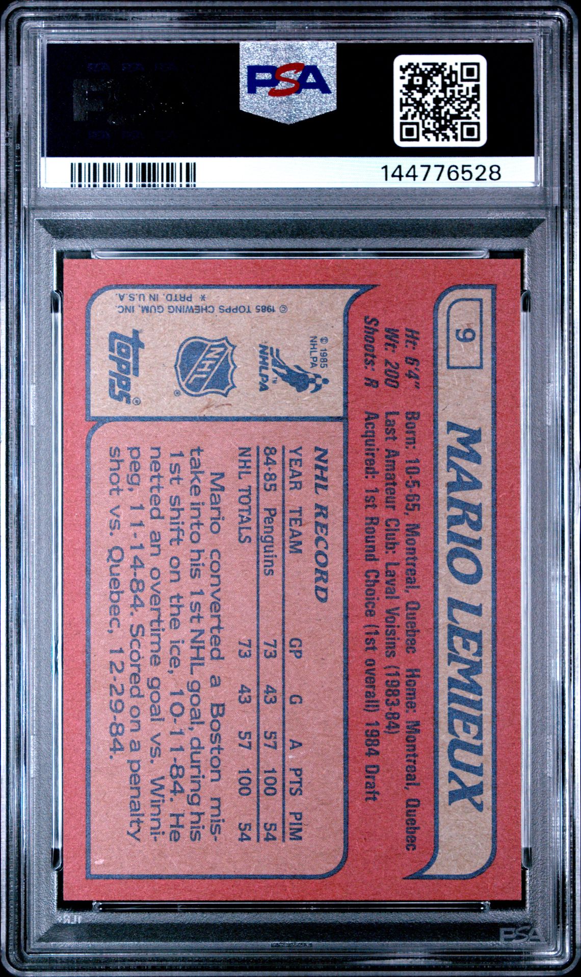 1985 Topps Mario Lemieux #9 Nm 7 back