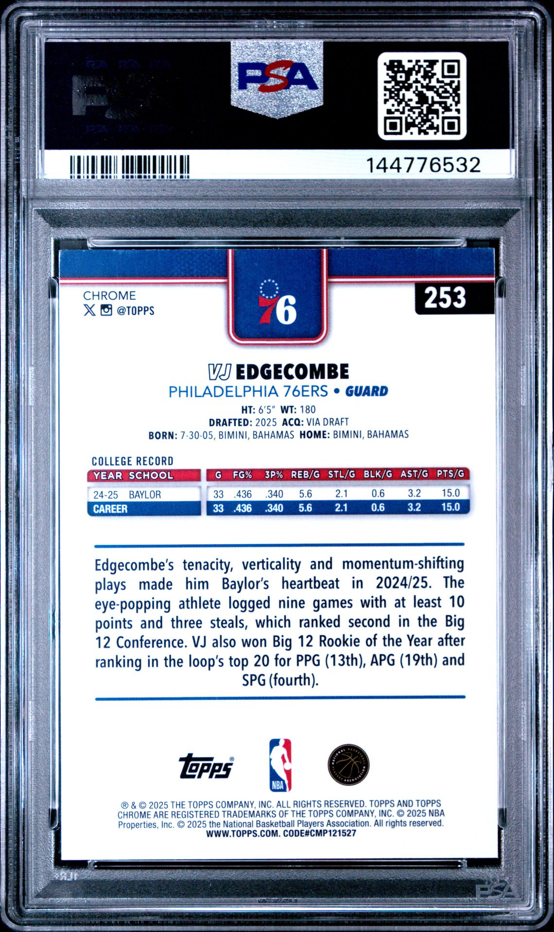 2025 Topps Chrome Vj Edgecombe #253 (X-Fractor) Mint 9 back