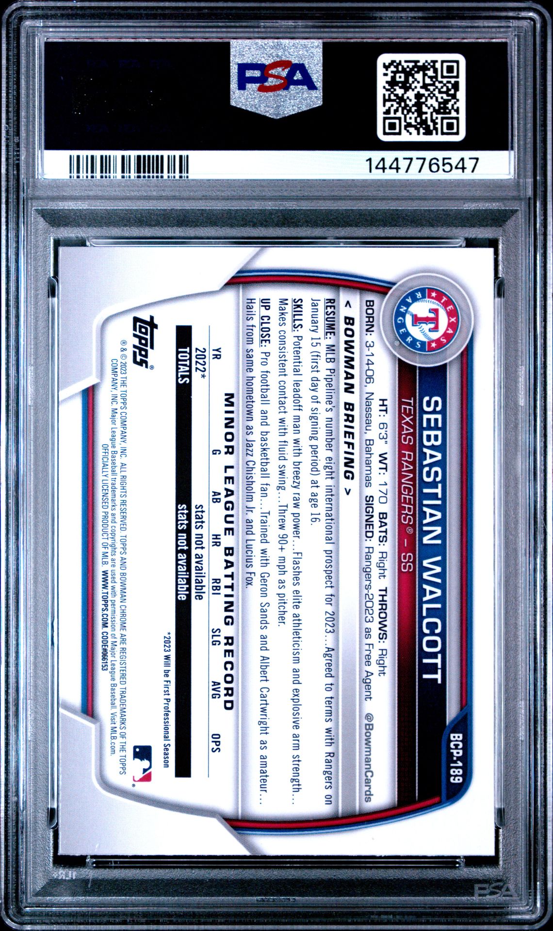 2023 Bowman Chrome Sapphire Edition Prospects Sebastian Walcott #189 Gem Mt 10 back