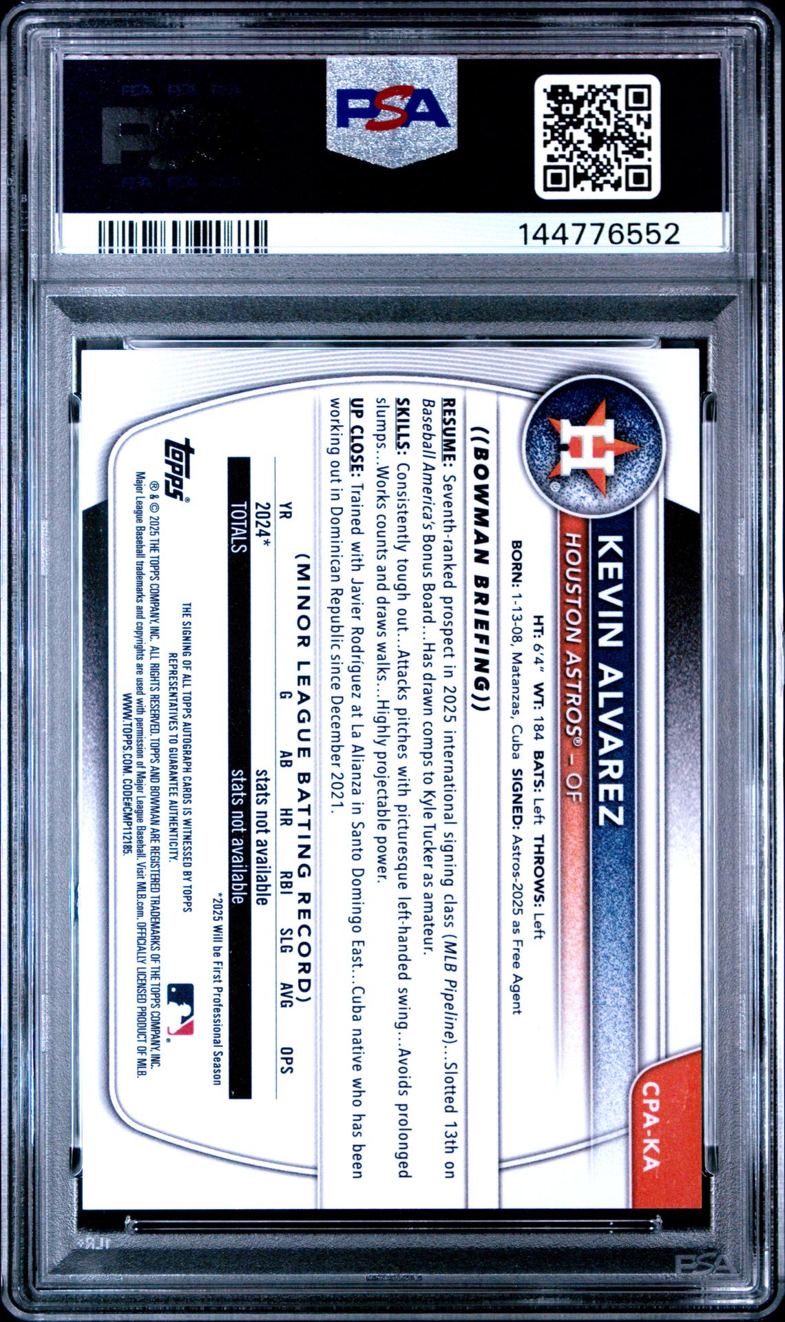 2025 Bowman Chrome Prospect Autographs Kevin Alvarez #Cpaka (Chr Pros Au-Gold Shimmer) Mint 9 back