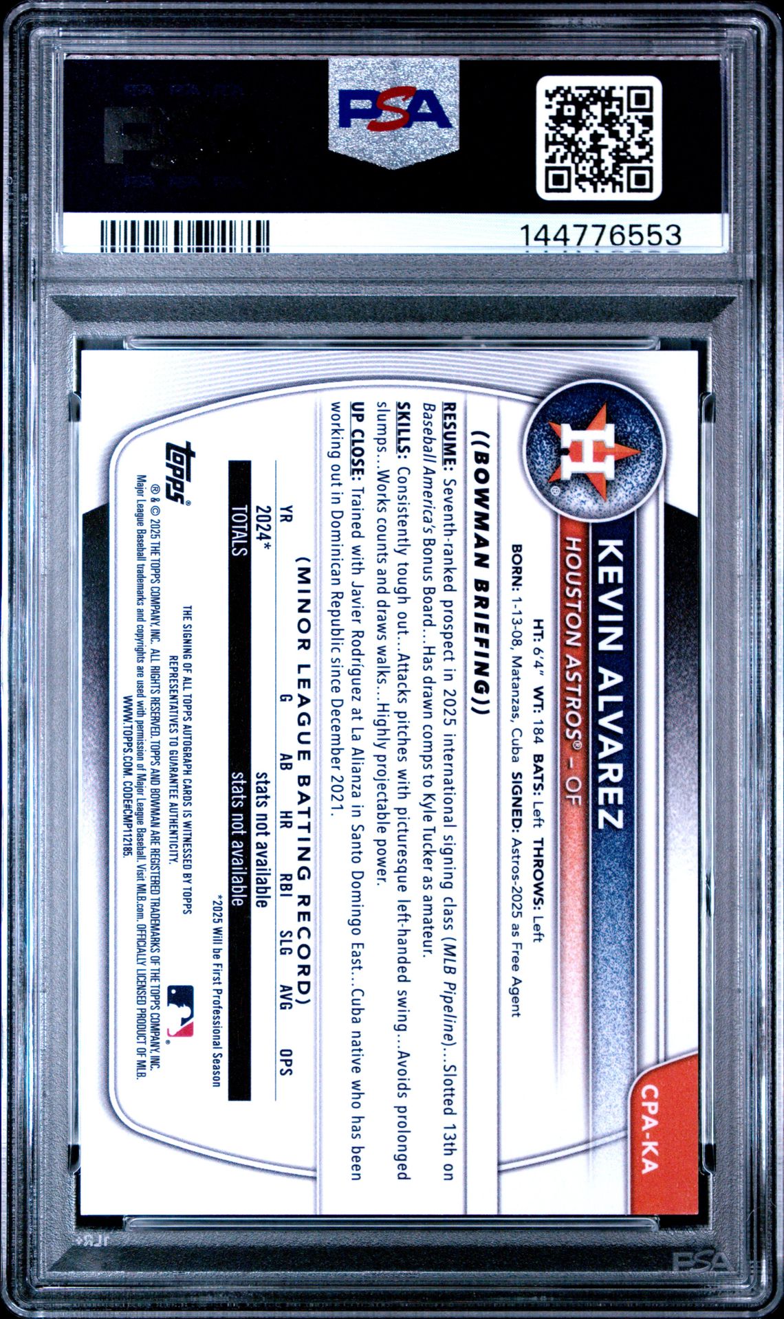 2025 Bowman Chrome Prospect Autographs Kevin Alvarez #Cpaka Gem Mt 10 back view - PSA certificate #144776553