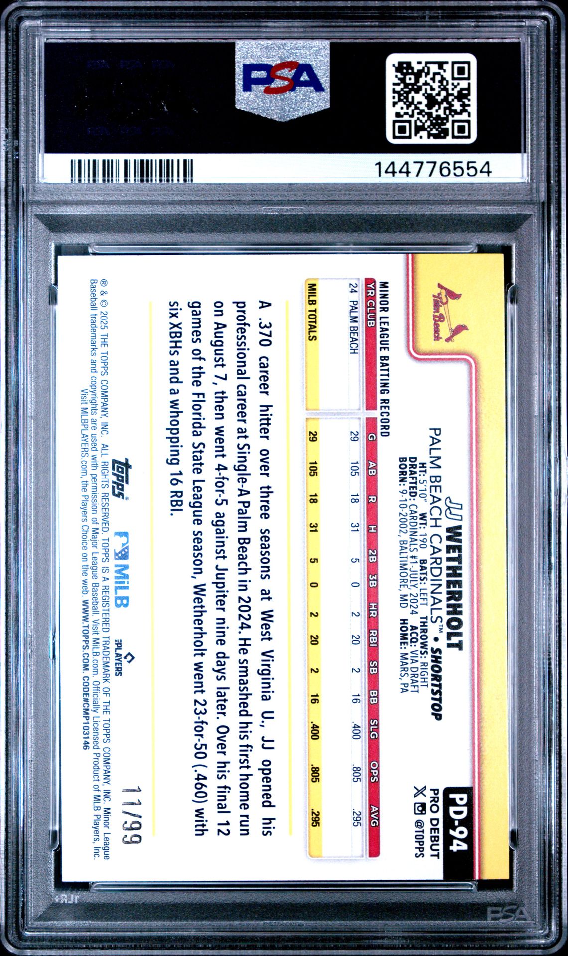 2025 Topps Pro Debut Jj Wetherholt #94 (Green Foil) Mint 9 back