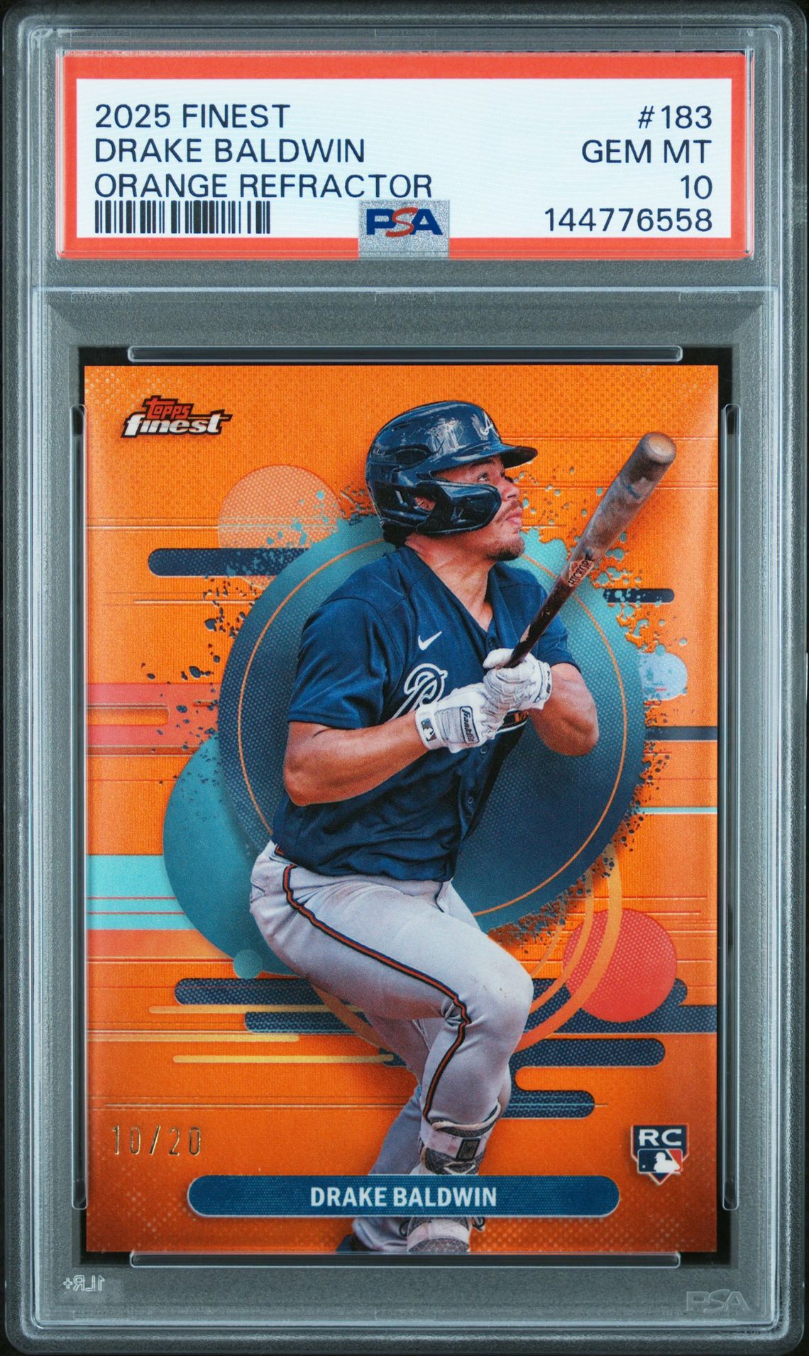 2025 Topps Finest Drake Baldwin #183 (Orange Refractor) Gem Mt 10 front view - PSA graded GEM MT 10