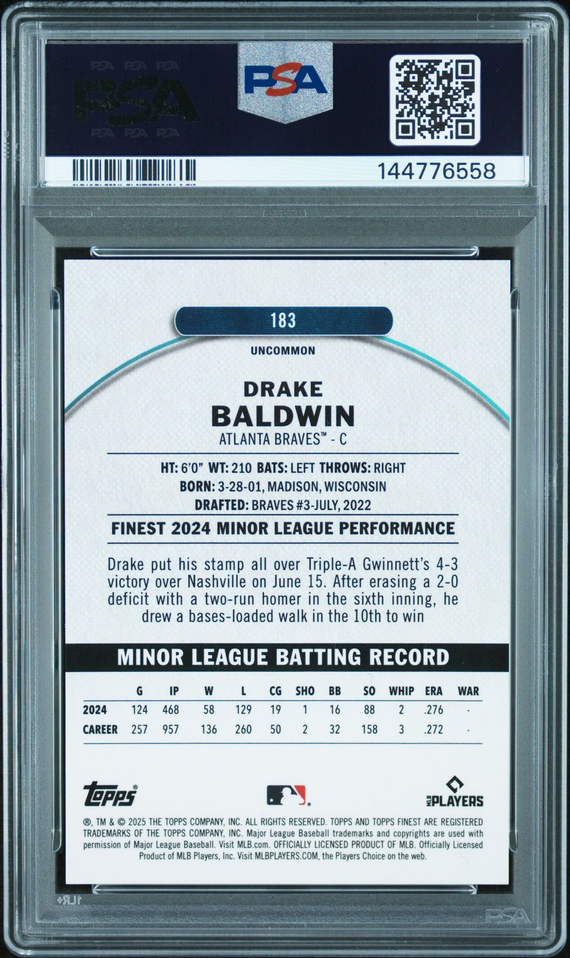 2025 Topps Finest Drake Baldwin #183 (Orange Refractor) Gem Mt 10 back view - PSA certificate #144776558