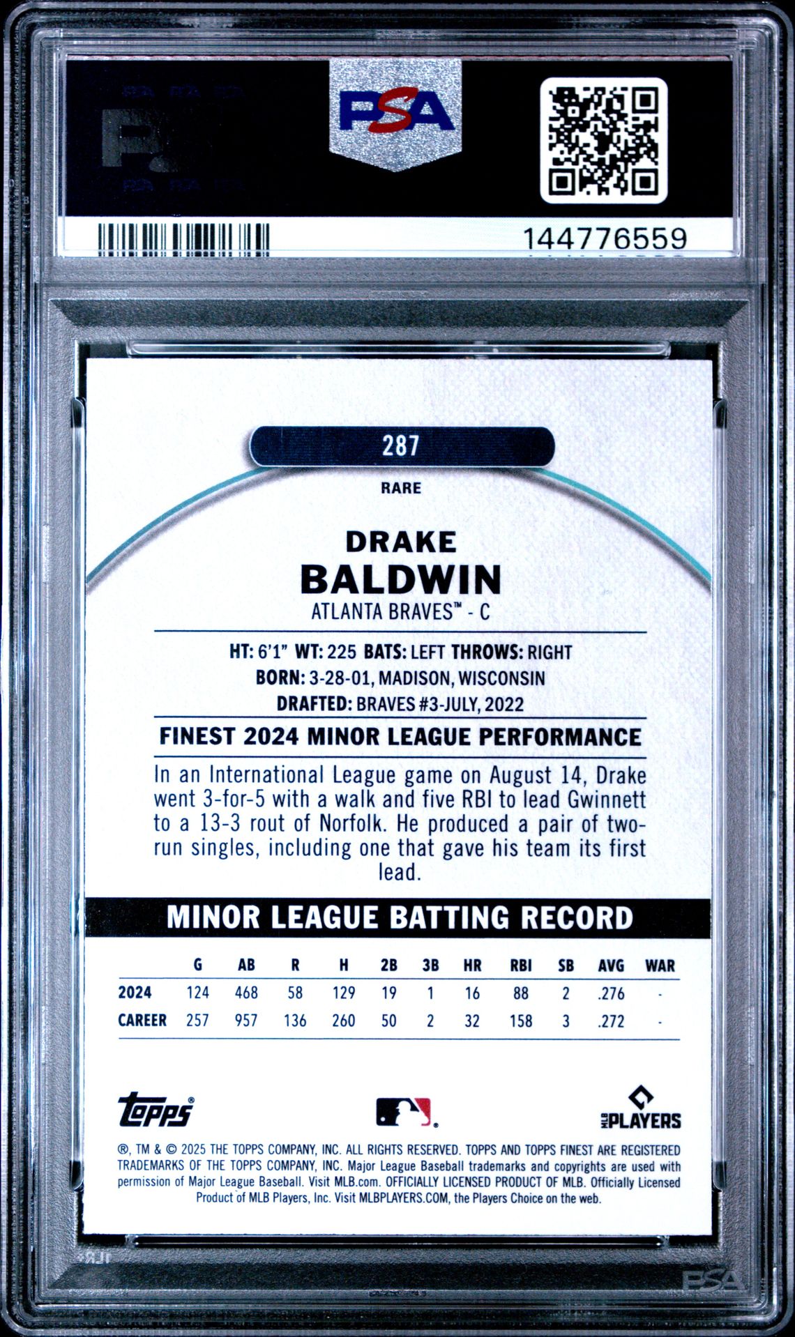 2025 Topps Finest Drake Baldwin #287 (Magenta Refractor) Gem Mt 10 back