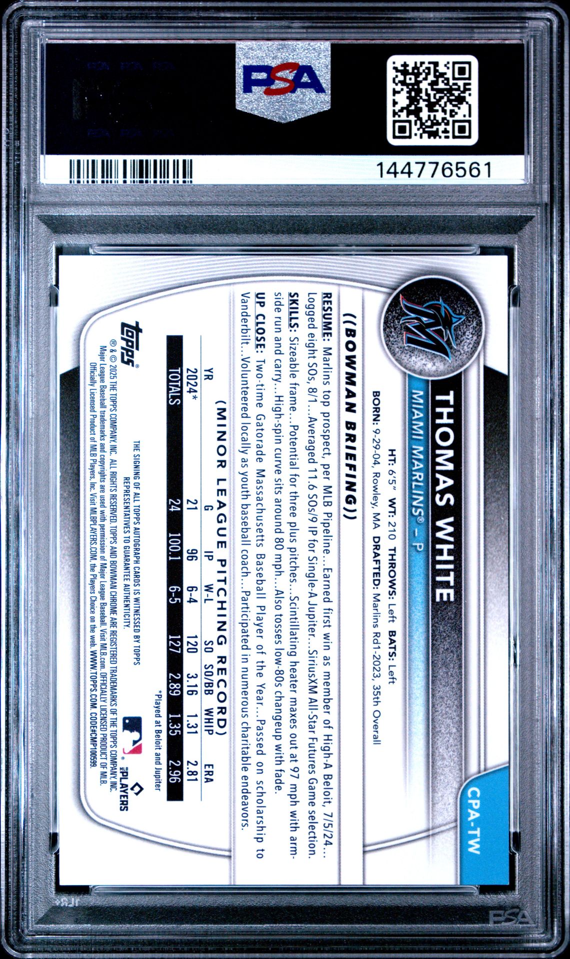 2025 Bowman Chrome Prospect Autographs Thomas White #Cpatw (Chrome Prospect Au-Mini Dia) Nm-Mt 8 back