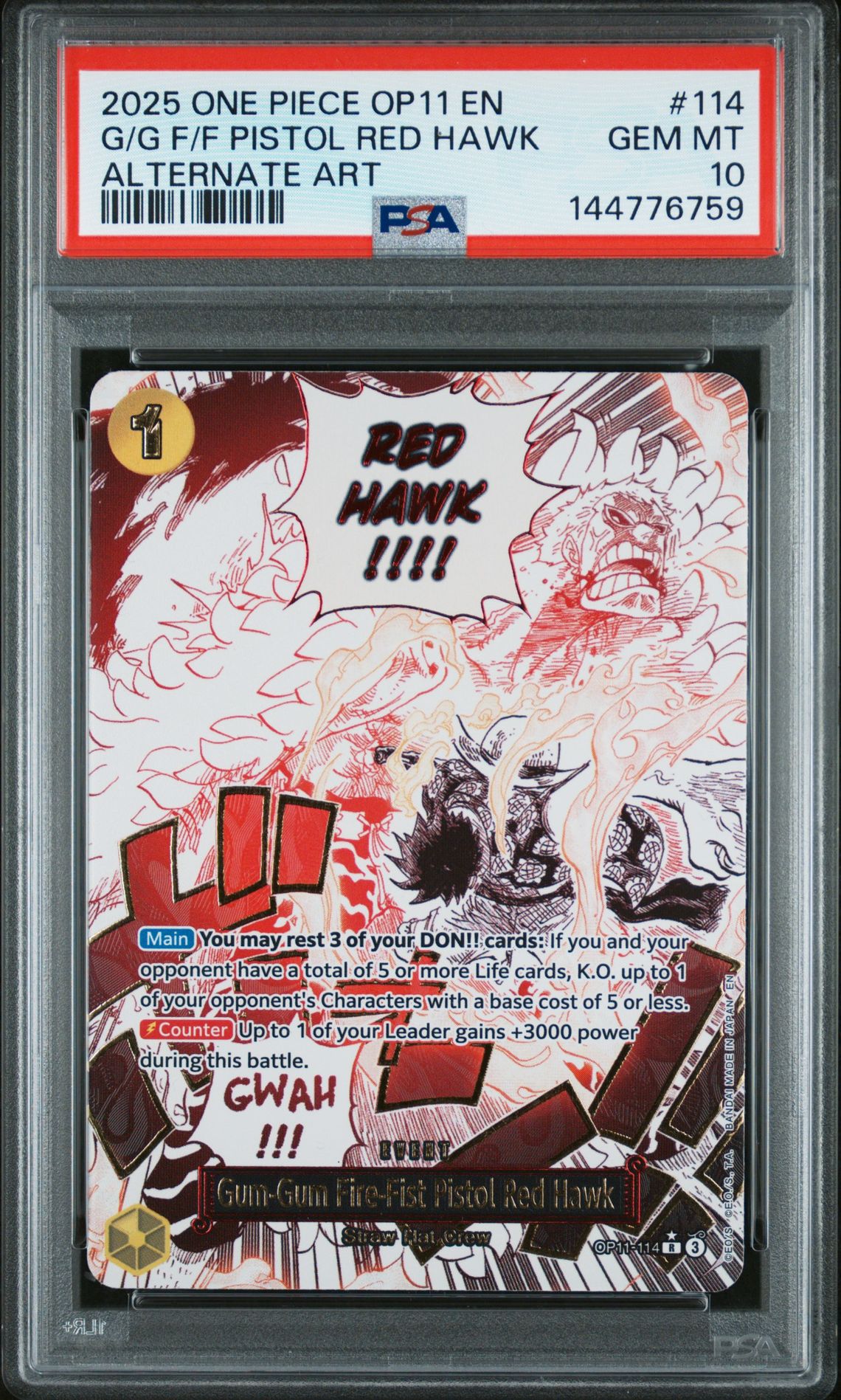 2025 One Piece Op11-A Fist Of Divine Speed G/G F/F Pistol Red Hawk #114 (Alternate Art) Gem Mt 10 front