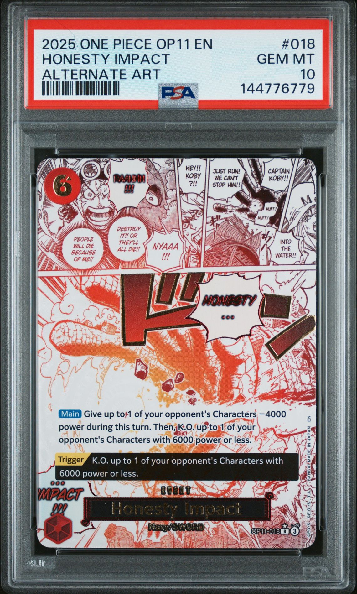 2025 One Piece Op11-A Fist Of Divine Speed Honesty Impact #018 (Alternate Art) Gem Mt 10 front view - PSA graded GEM MT 10
