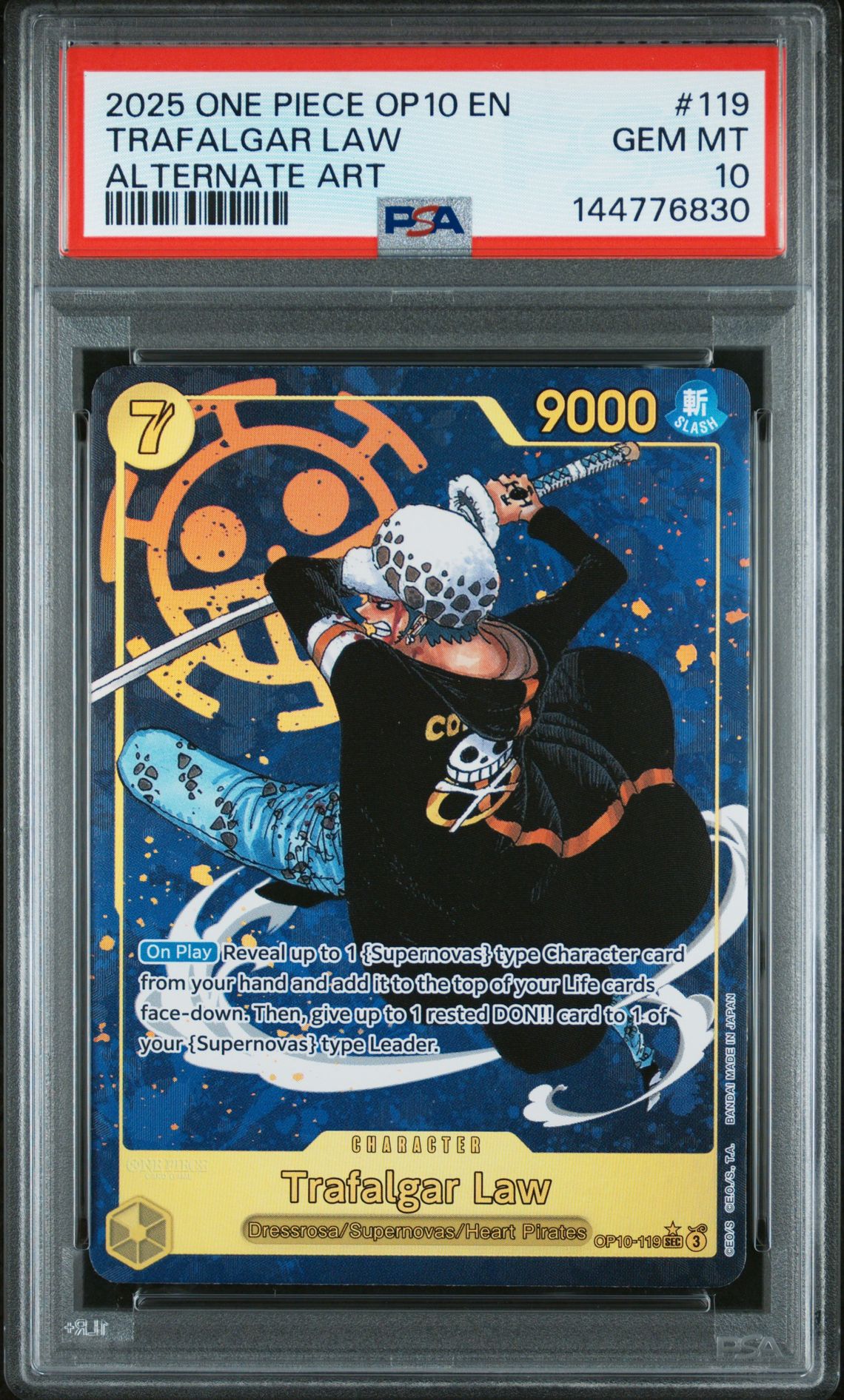 2025 One Piece Op10-Royal Blood Trafalgar Law #119 (Alternate Art) Gem Mt 10 front view - PSA graded GEM MT 10