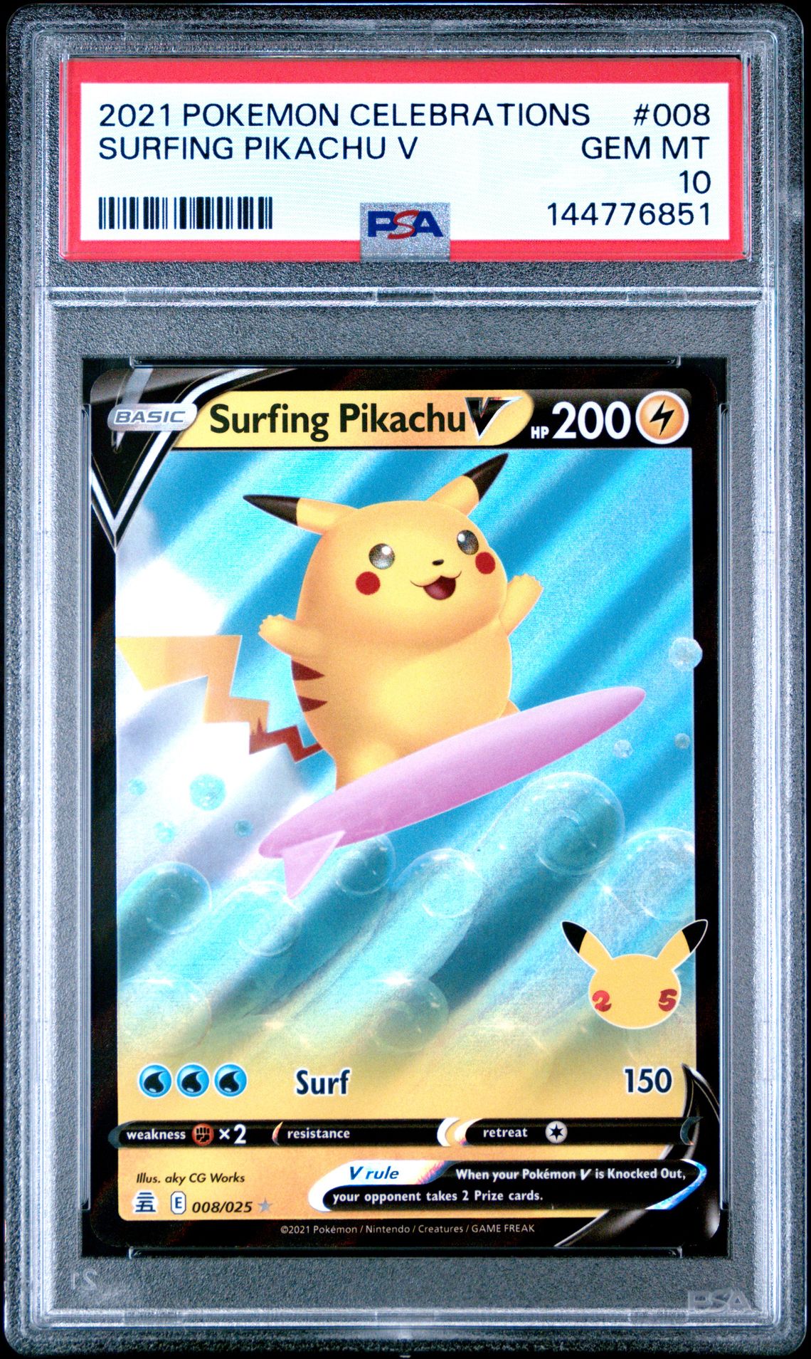 2021 Pokemon Celebrations Surfing Pikachu V #008 Gem Mt 10 front view - PSA graded GEM MT 10