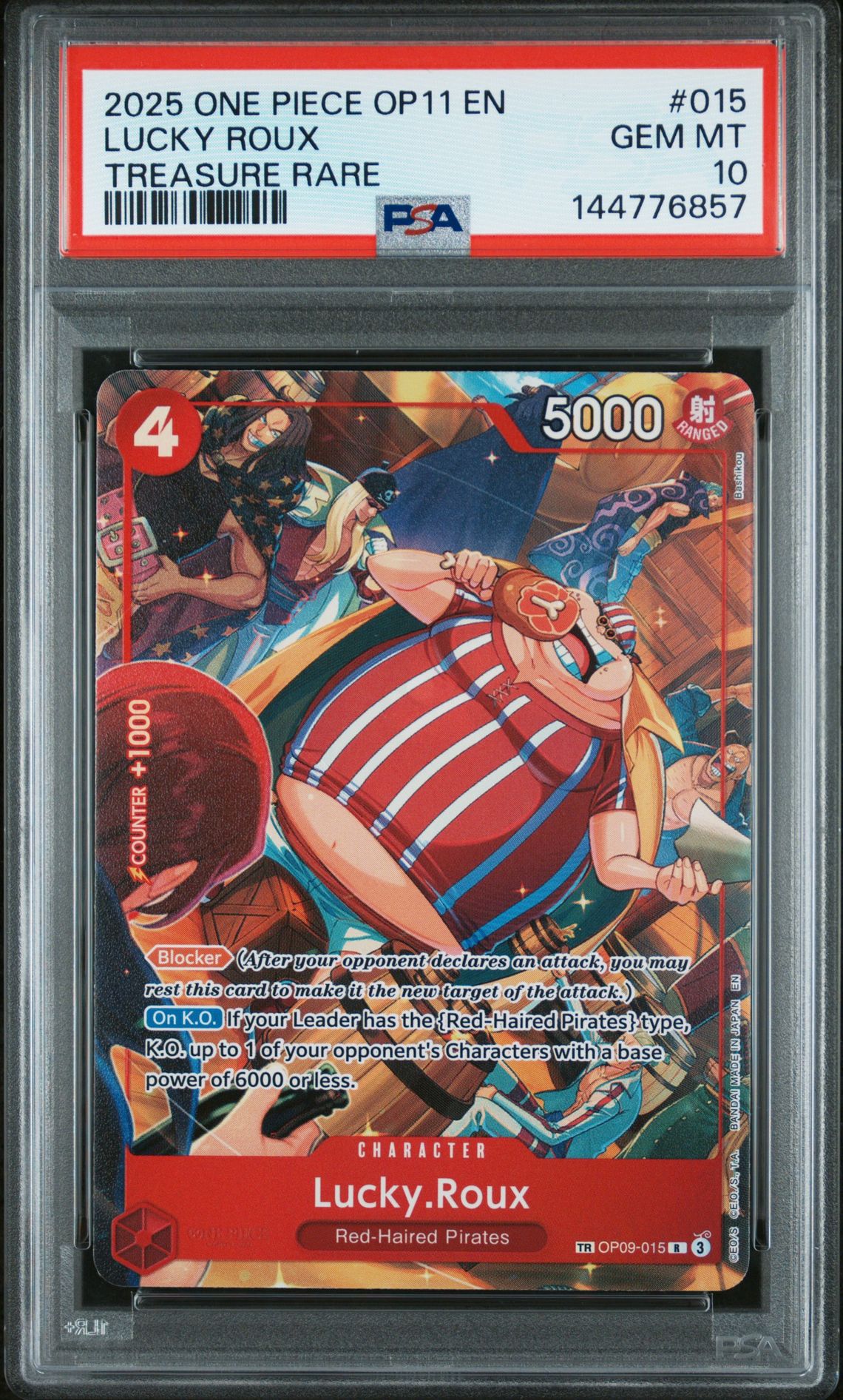2025 One Piece Op11-A Fist Of Divine Speed Lucky Roux #015 (Treasure Rare) Gem Mt 10 front view - PSA graded GEM MT 10
