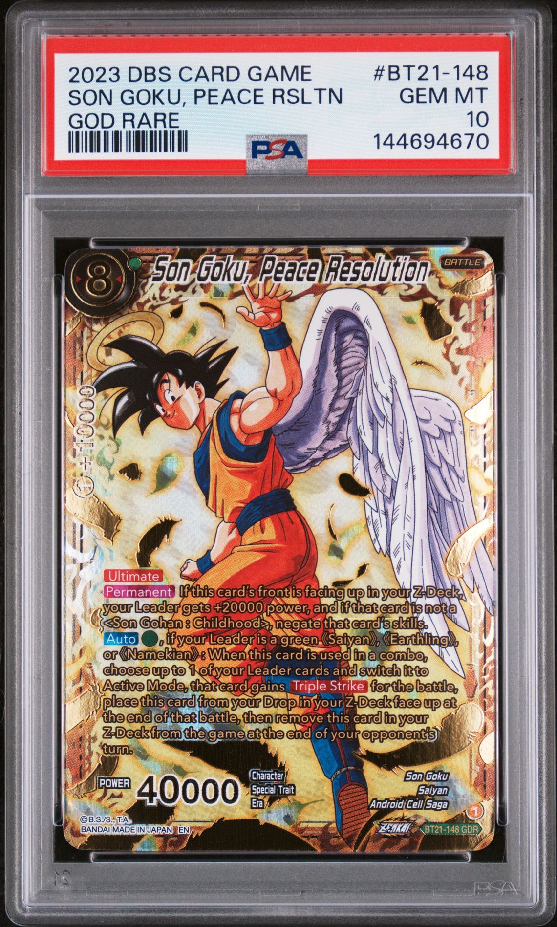 2023 Dragon Ball Super Card Game Series 21 Wild Resurgence Son Goku, Peace Rsltn #Bt21-148 (God Rare) Gem Mt 10 front