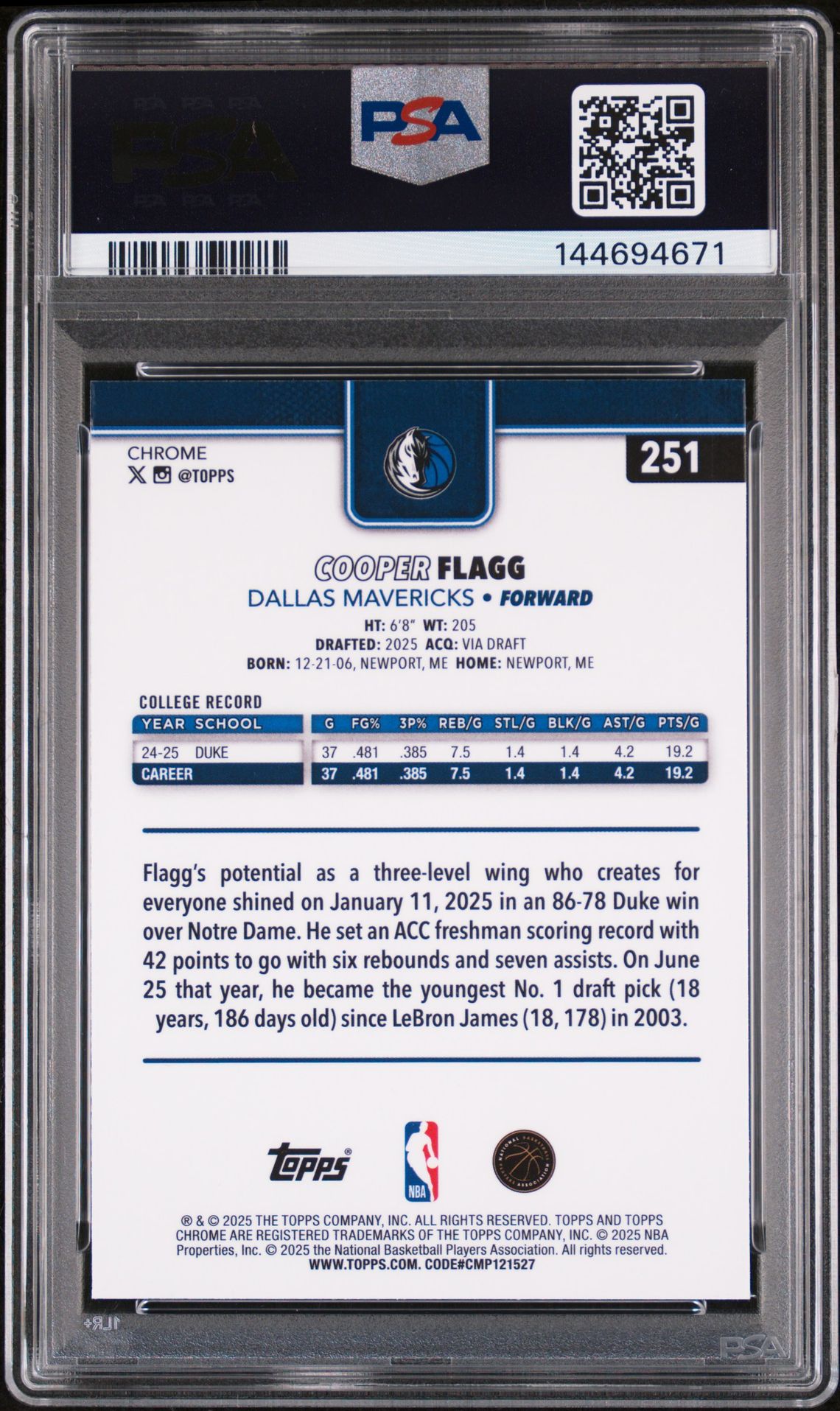 2025 Topps Chrome Cooper Flagg #251 Mint 9 back