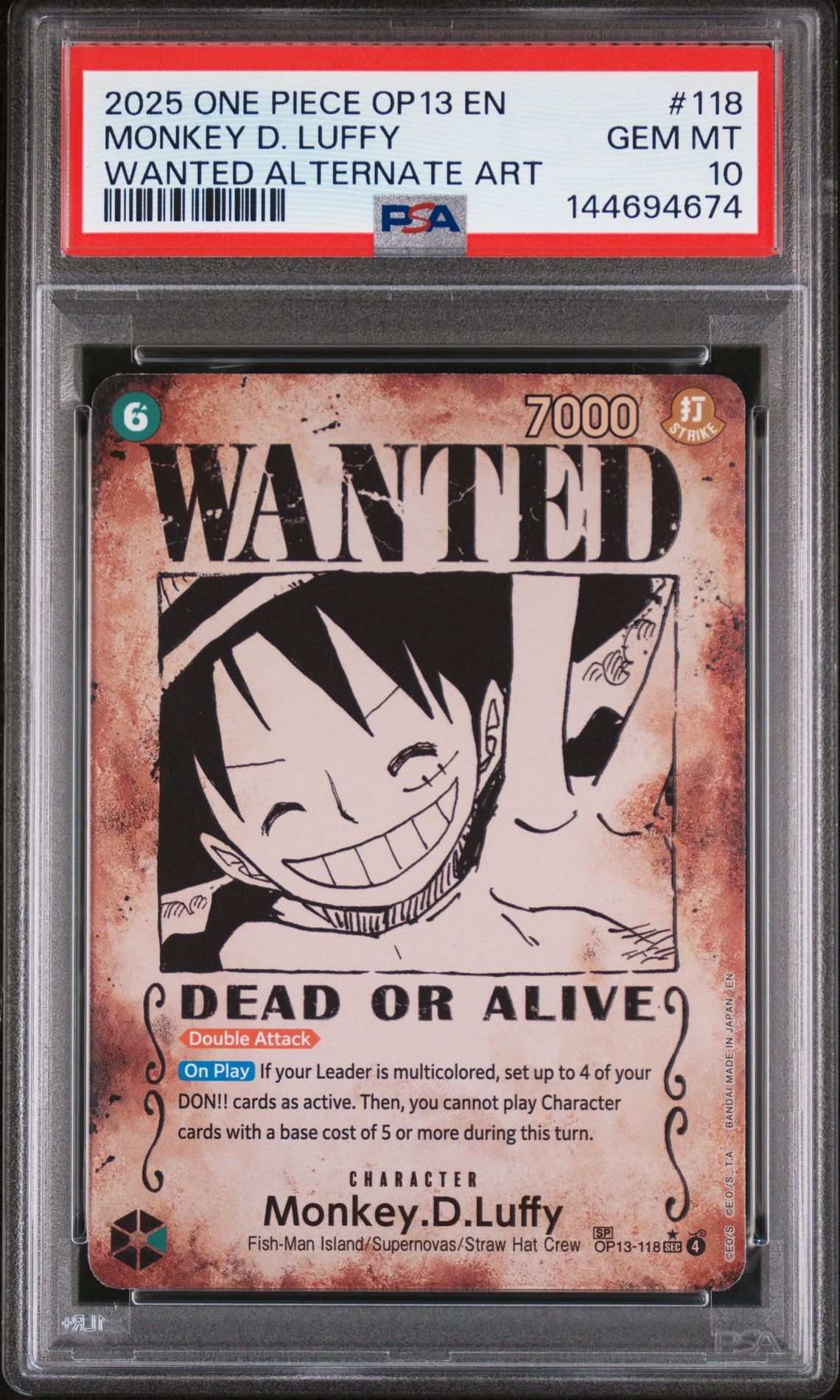2025 One Piece Op13-Carrying On His Will Monkey D. Luffy #118 (Wanted Alternate Art) Gem Mt 10 front