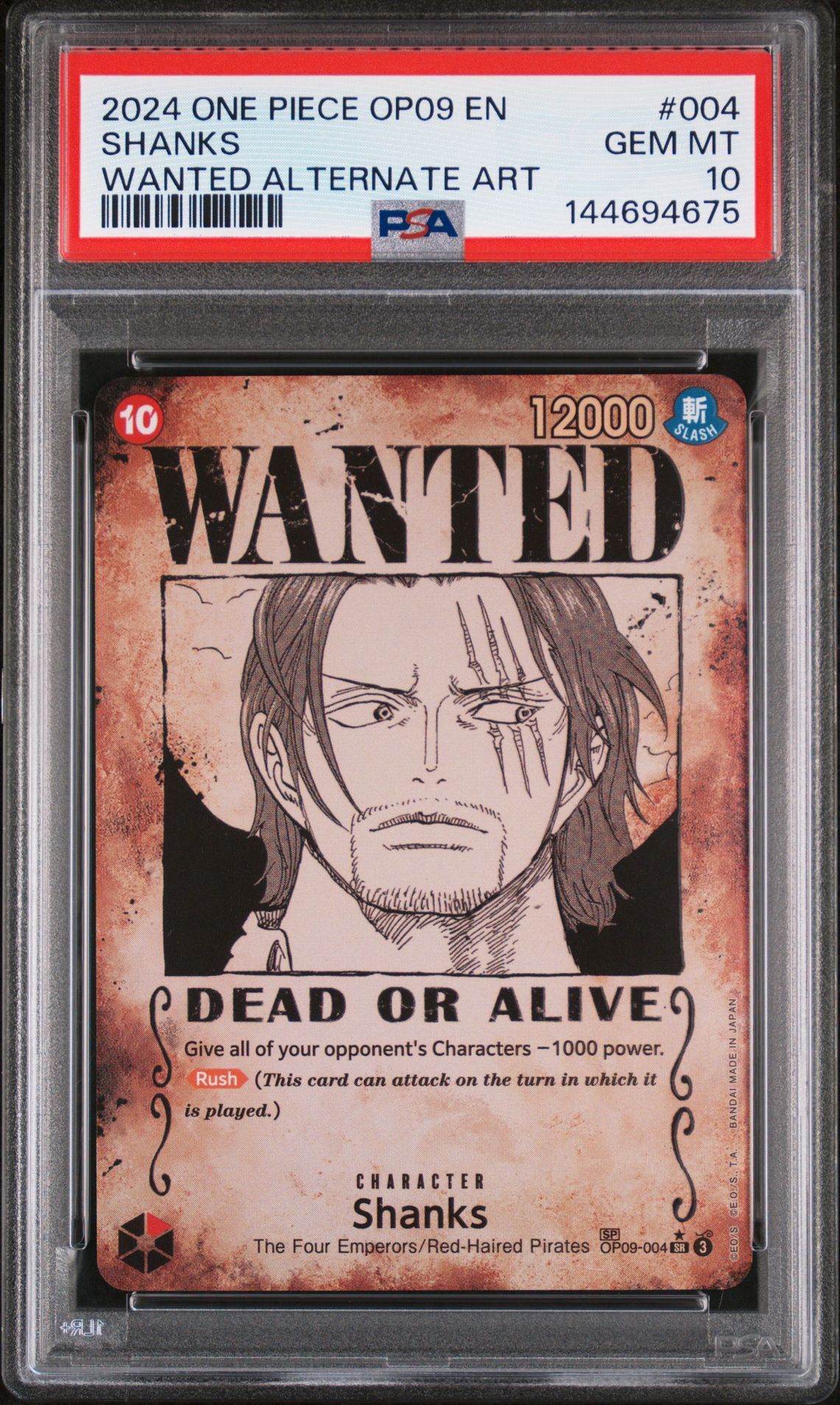 2024 One Piece Op09-Emperors In The New World Shanks #004 (Wanted Alternate Art) Gem Mt 10 front