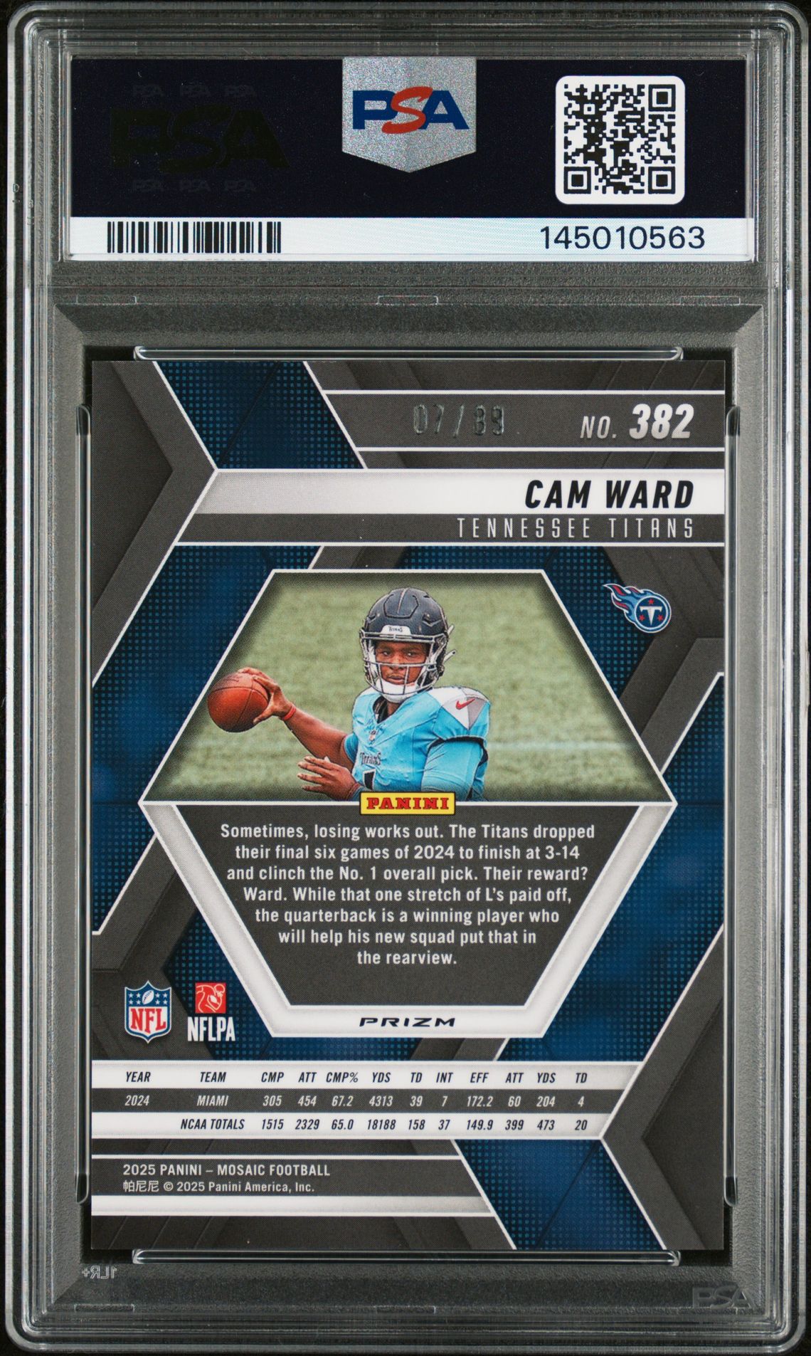 2025 Panini Mosaic Cam Ward #382 (Fusion Red & Yellow Choice) Gem Mt 10 back