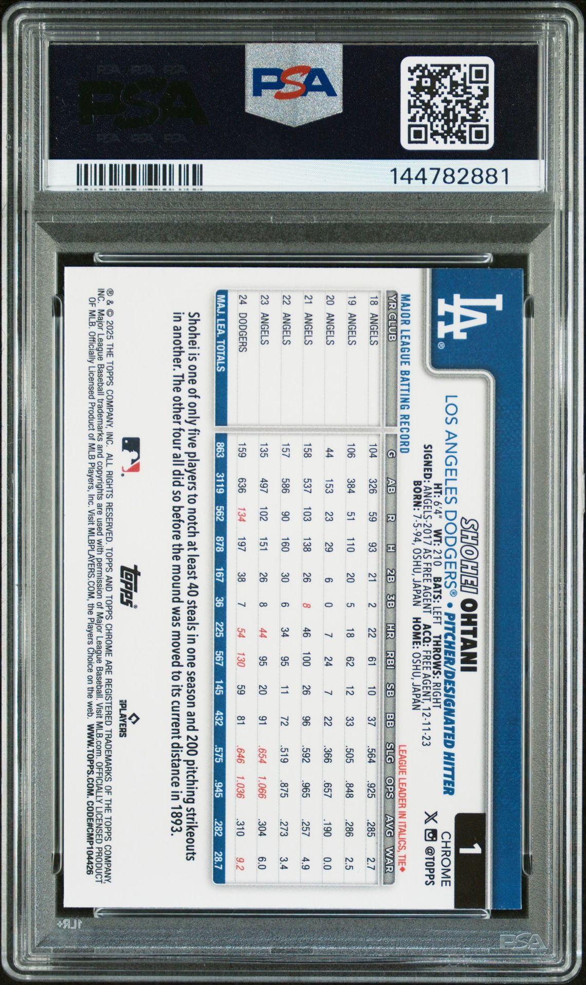 2025 Topps Chrome Shohei Ohtani #1 (X-Fractor) Gem Mt 10 back