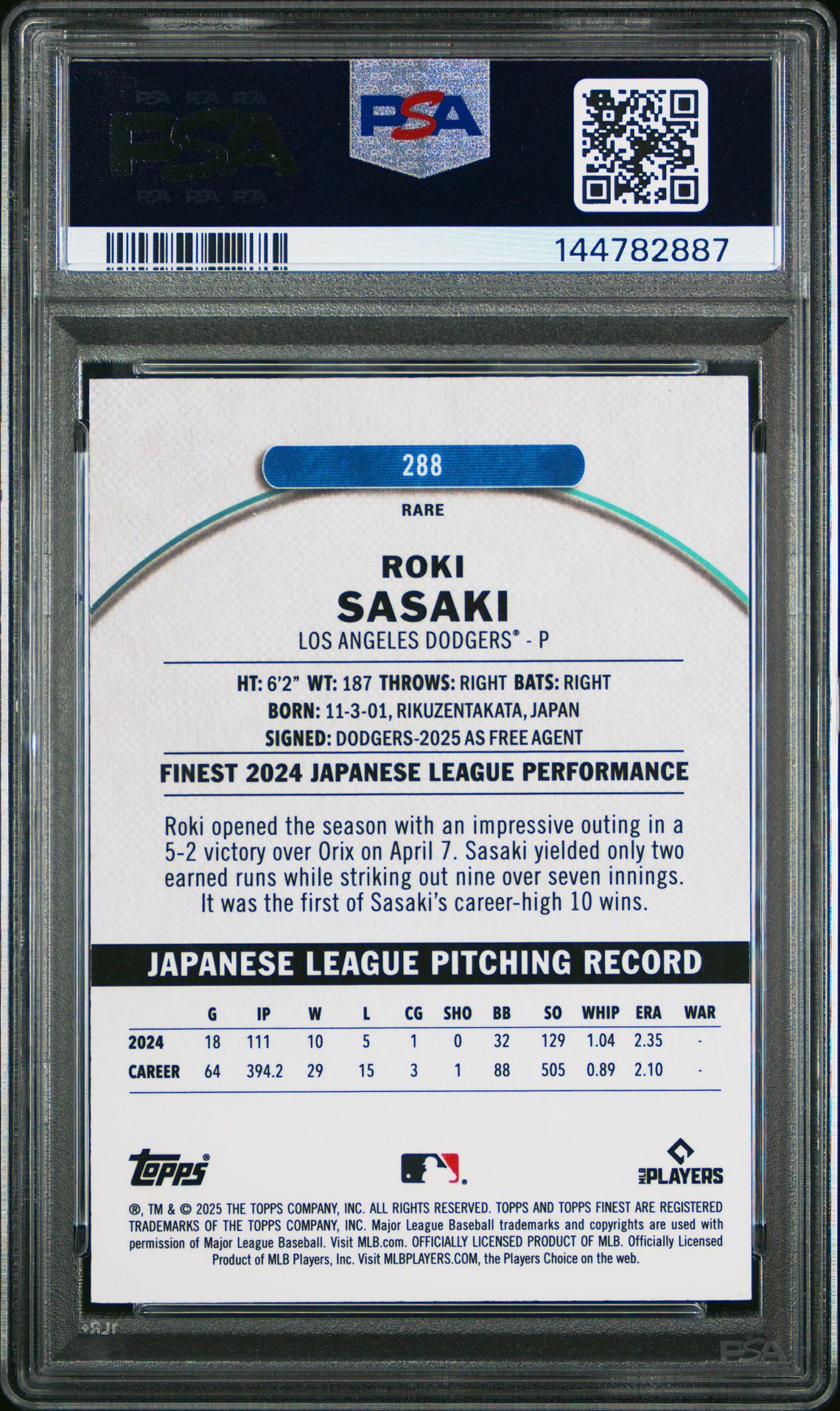 2025 Topps Finest Roki Sasaki #288 (Blue Refractor) Gem Mt 10 back