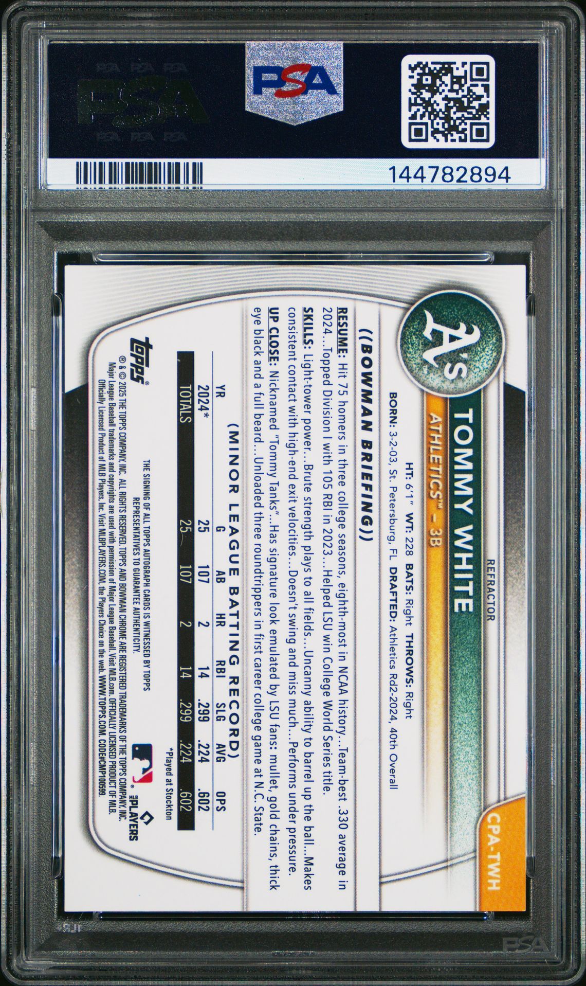 2025 Bowman Chrome Prospect Autographs Tommy White #Cpatwh (Chrome Pros Au-Refractor) Mint 9 back