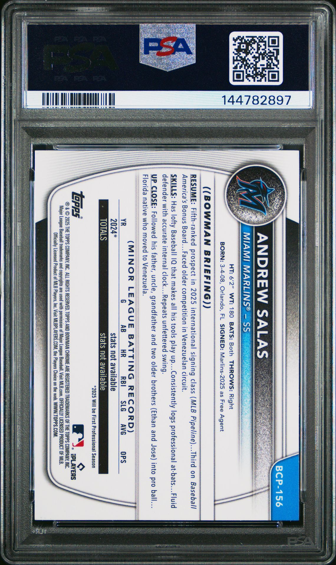2025 Bowman Chrome Mega Box Chrome Prospects Andrew Salas #156 (Chrome Pros-Steel Metal) Gem Mt 10 back