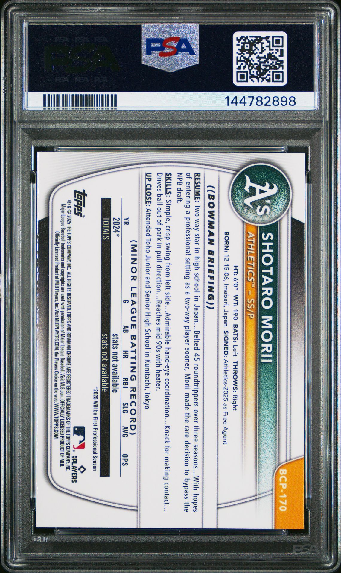 2025 Bowman Chrome Mega Box Chrome Prospects Shotaro Morii #170 Mint 9 back