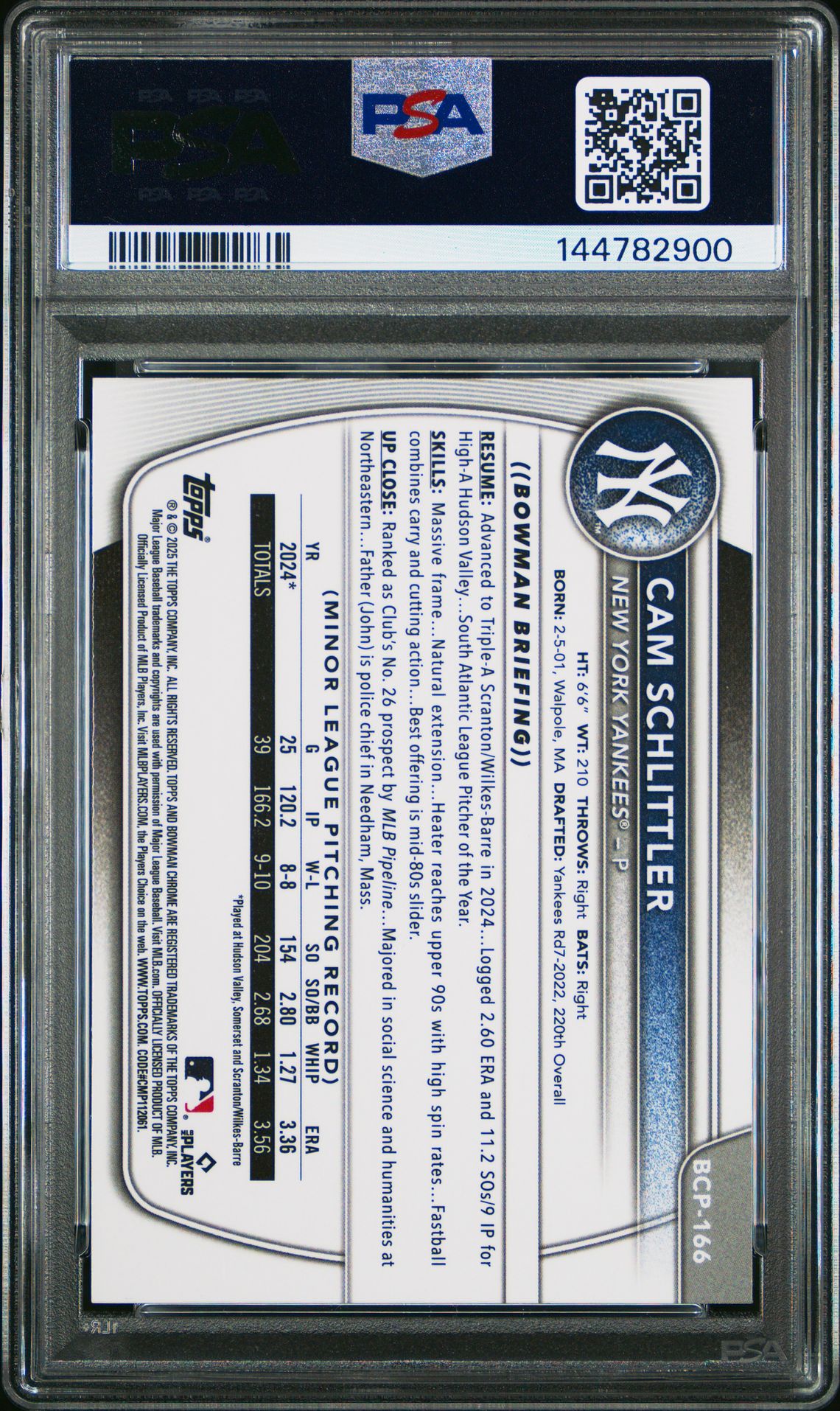 2025 Bowman Chrome Prospects Cam Schlittler #Bcp166 (Prospects) Gem Mt 10 back