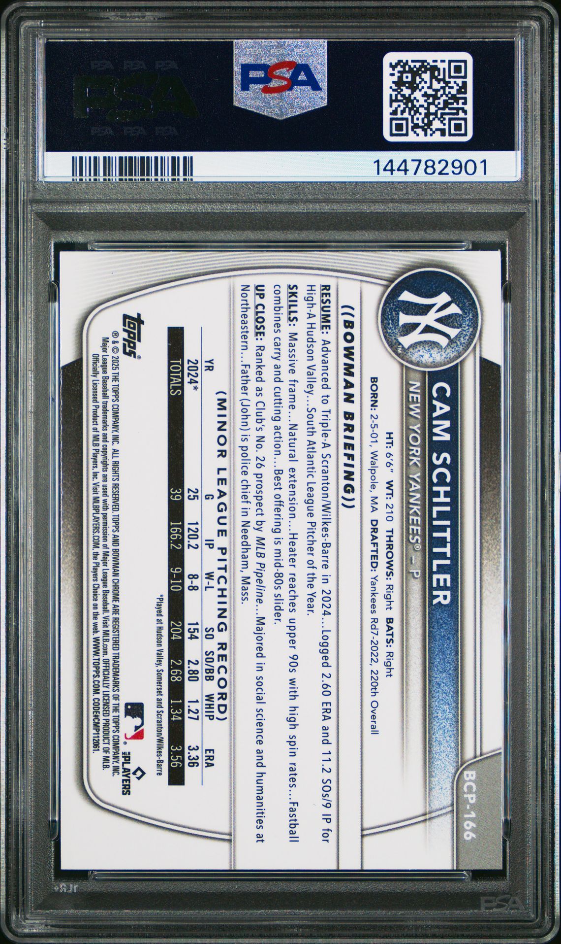 2025 Bowman Chrome Prospects Cam Schlittler #Bcp166 (Prospects) Gem Mt 10 back