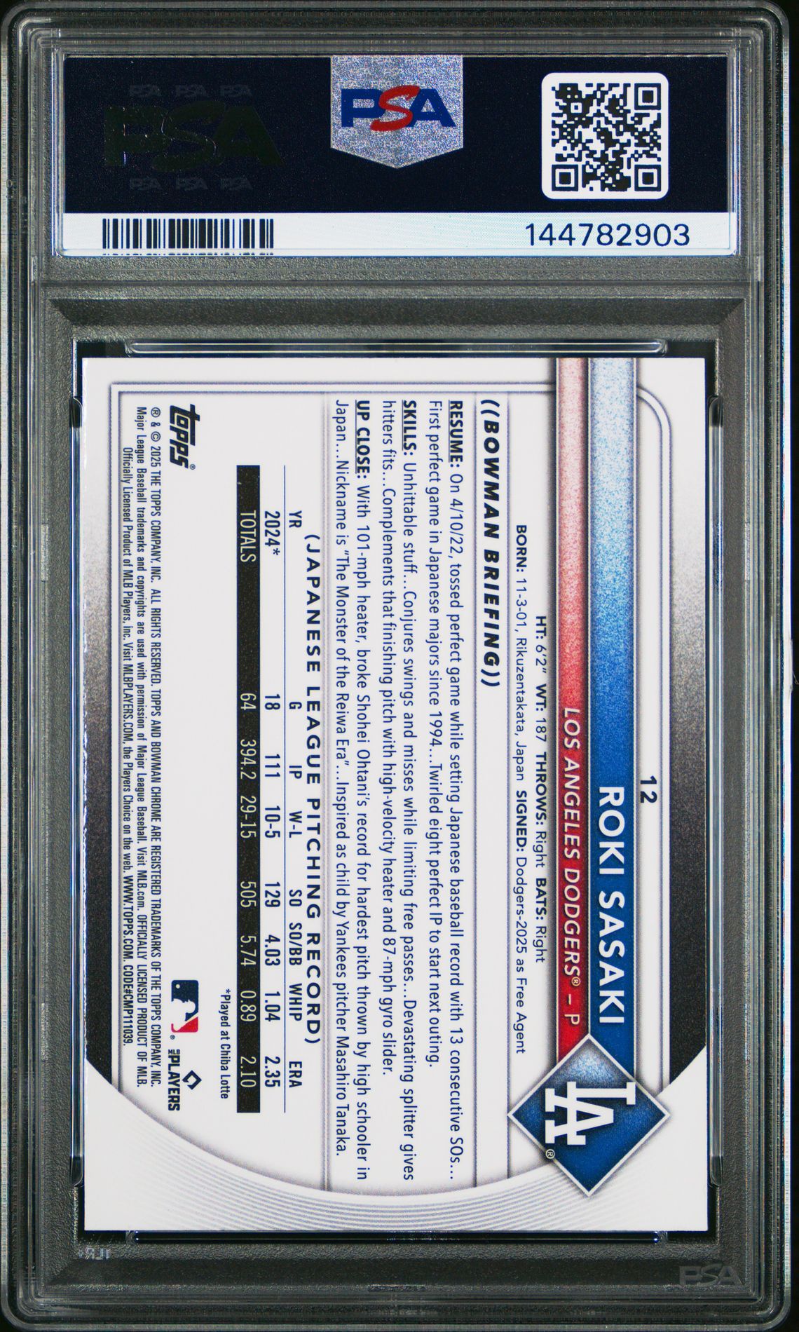 2025 Bowman Chrome Mega Box Roki Sasaki #12 Gem Mt 10 back