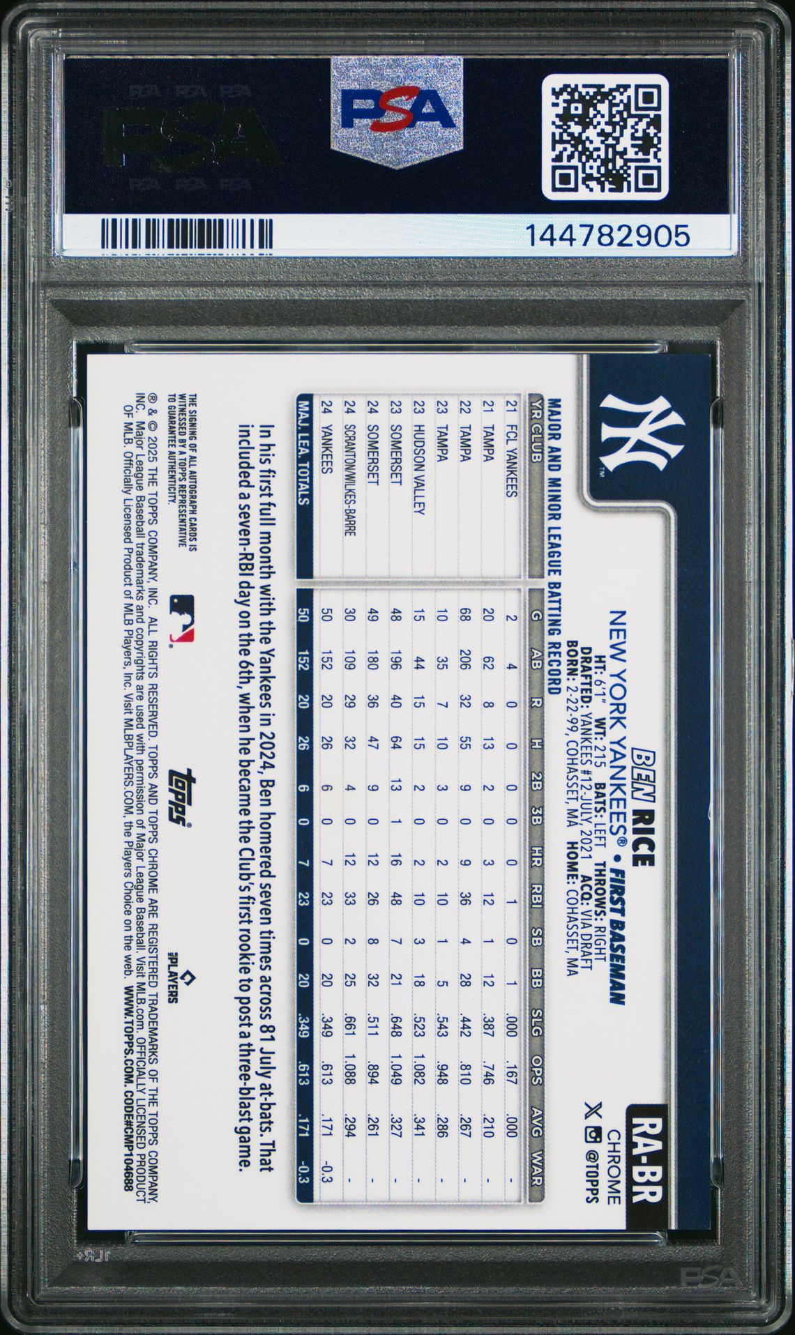 2025 Topps Chrome Rookie Autographs Ben Rice #Rabr (Rookie Autograph-Blue Ref) Mint 9 back