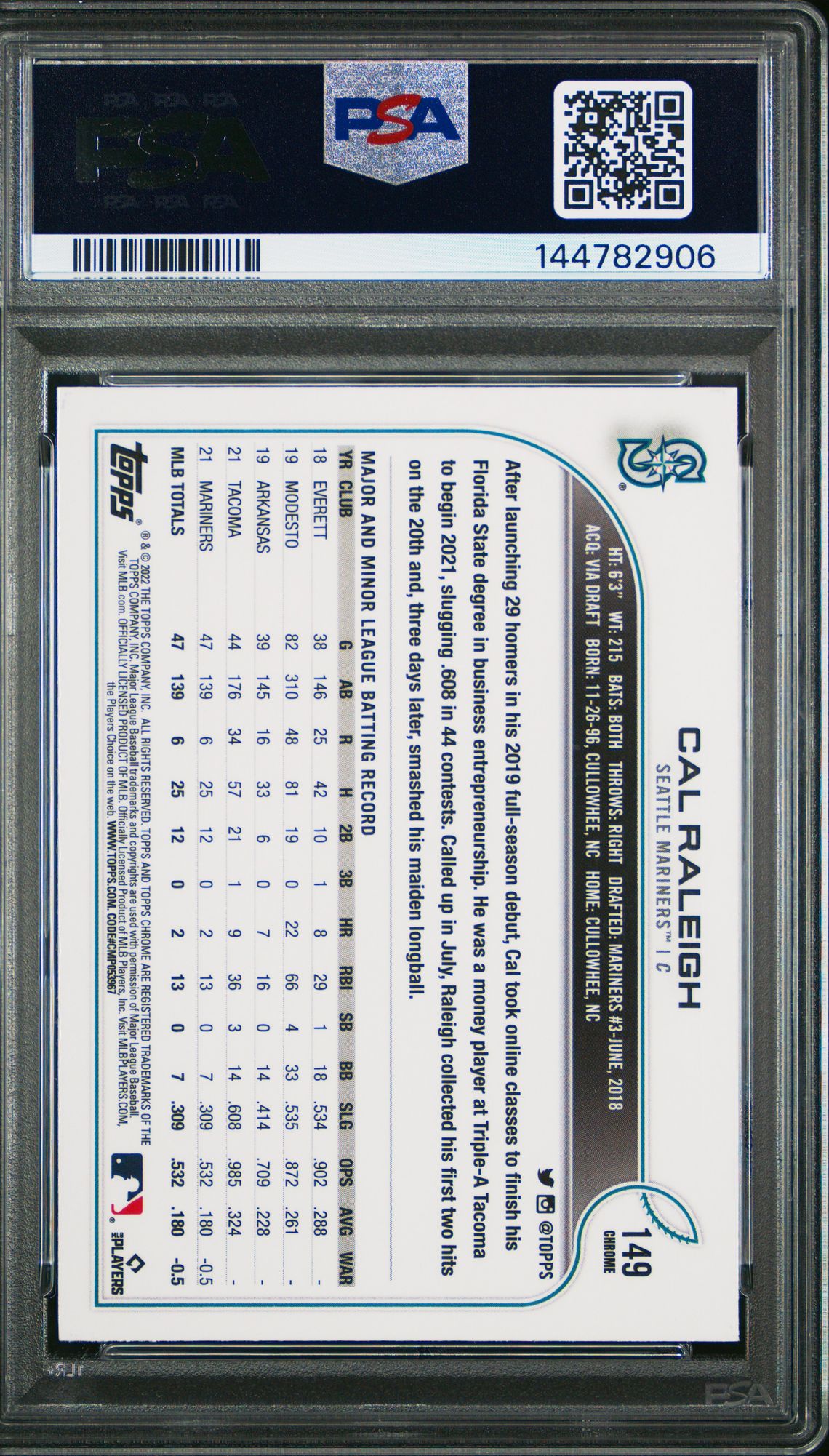 2022 Topps Chrome Cal Raleigh #149 Mint 9 back