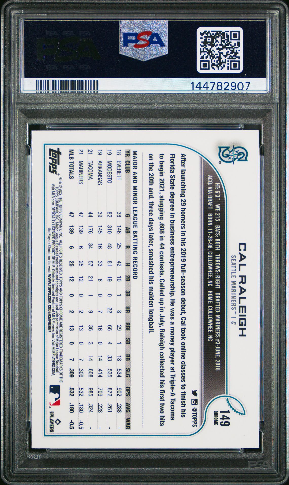 2022 Topps Chrome Cal Raleigh #149 Mint 9 back