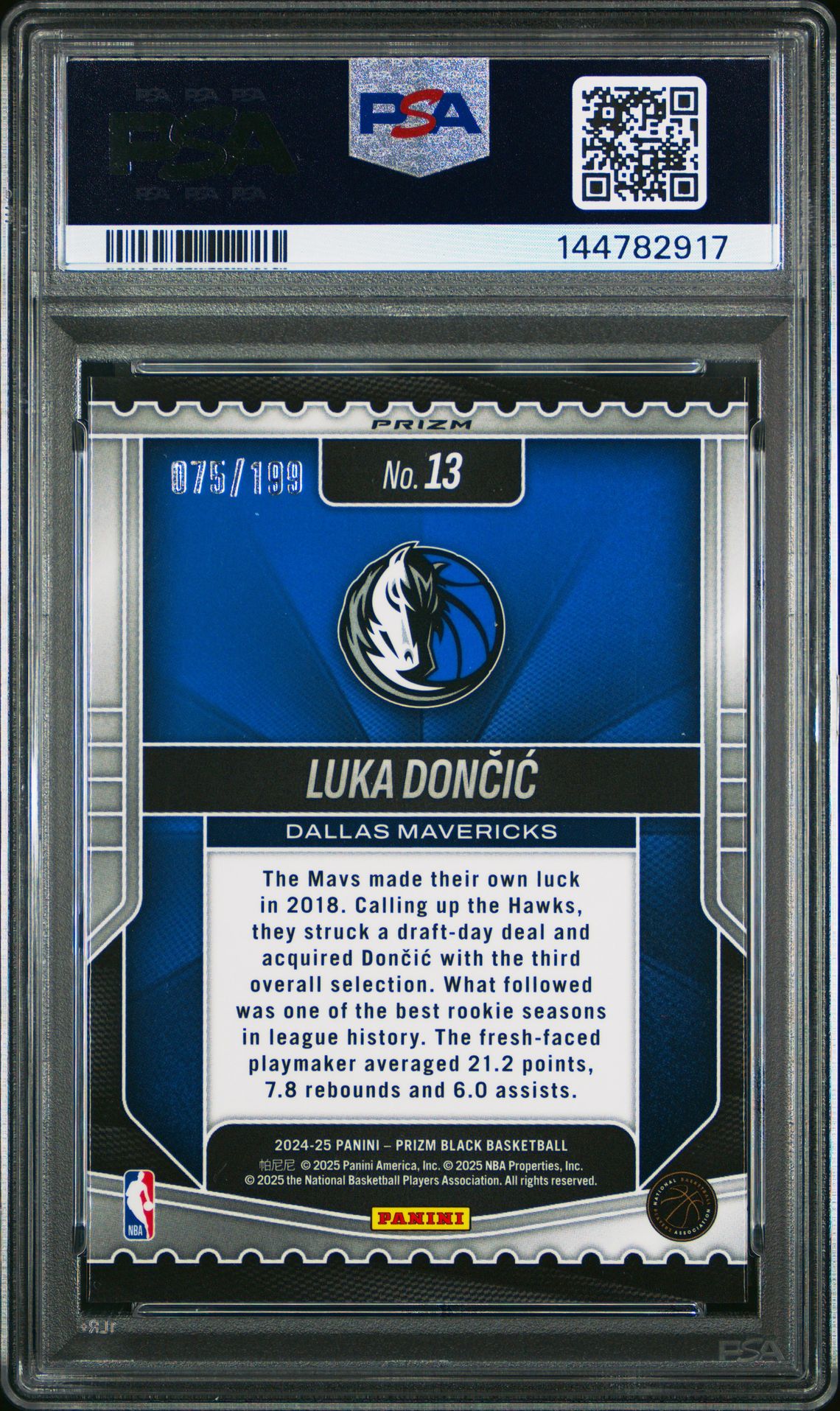 2024 Panini Prizm Black Luck Of The Lottery Luka Doncic #13 (Luck/Lottery-Blue Prizm) Gem Mt 10 back