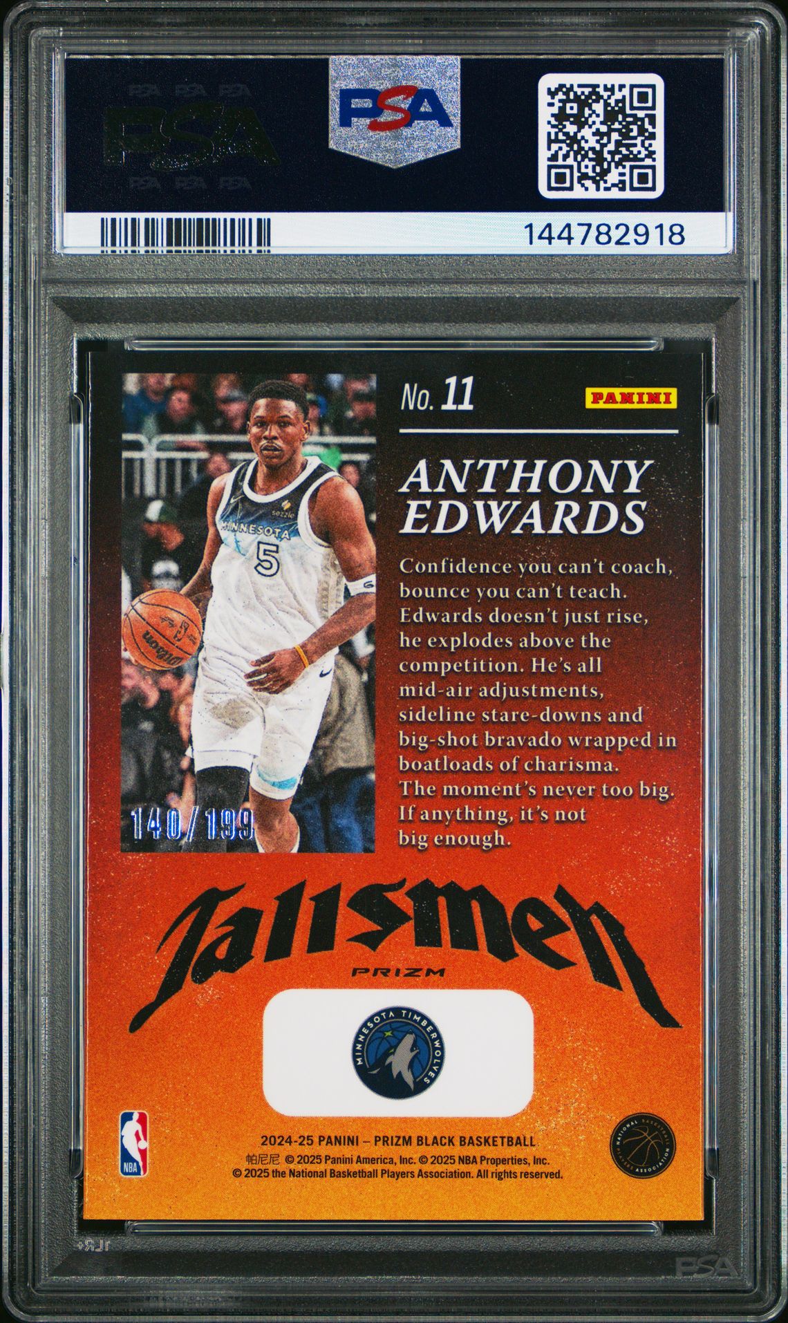 2024 Panini Prizm Black Talismen Anthony Edwards #11 (Talismen-Blue Prizm) Gem Mt 10 back