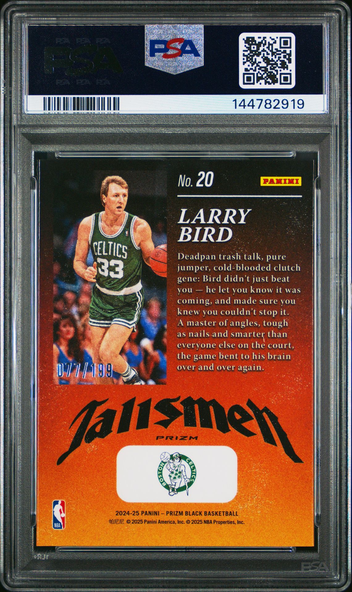 2024 Panini Prizm Black Talismen Larry Bird #20 (Talismen-Blue Prizm) Gem Mt 10 back