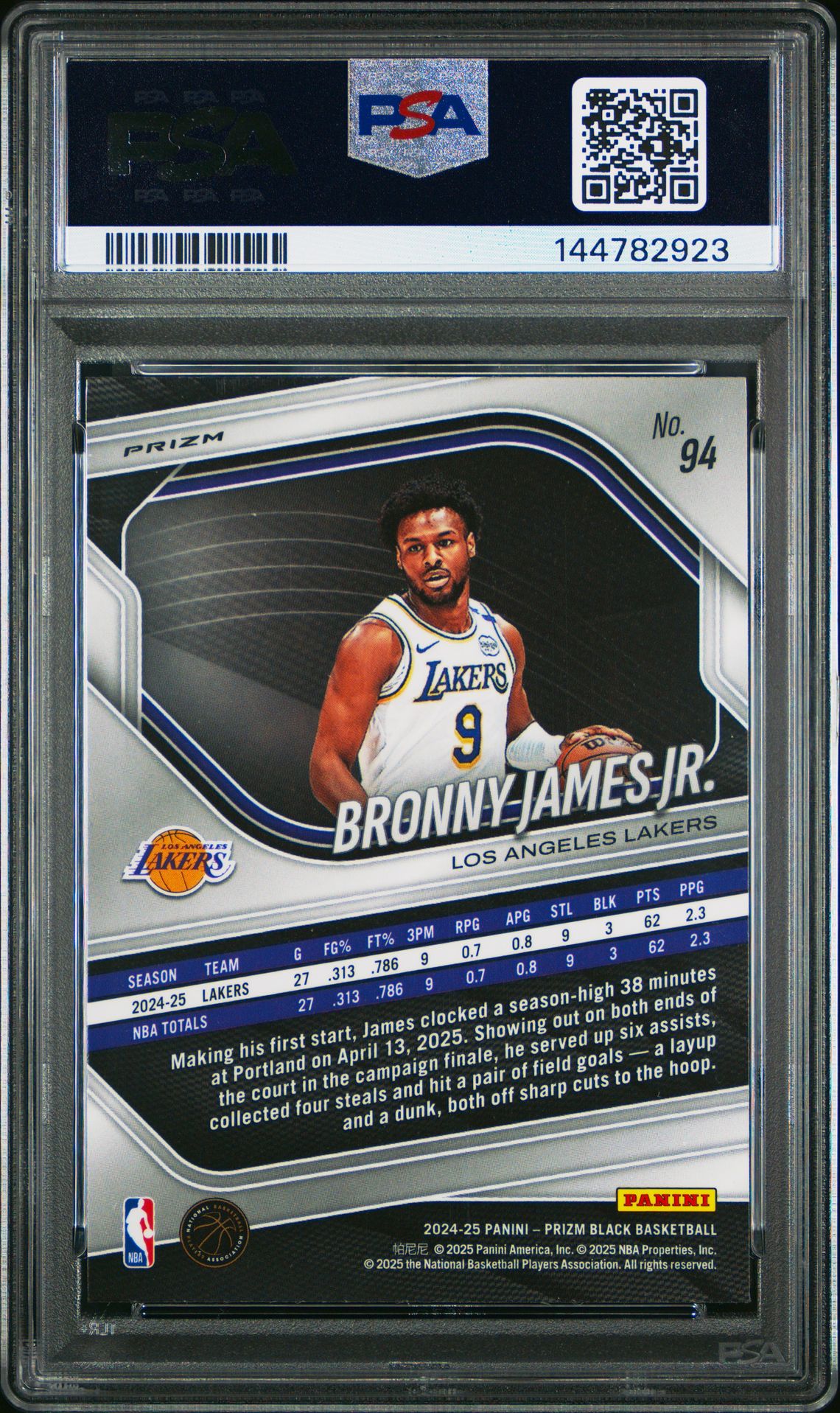 2024 Panini Prizm Black Bronny James Jr. #94 (Hyper Prizm) Gem Mt 10 back