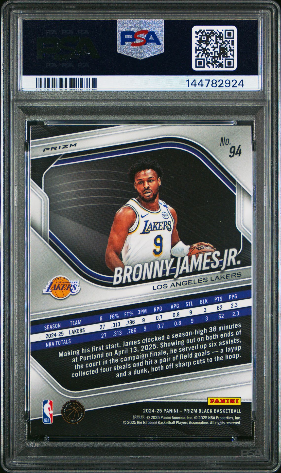 2024 Panini Prizm Black Bronny James Jr. #94 (Pulsar) Gem Mt 10 back