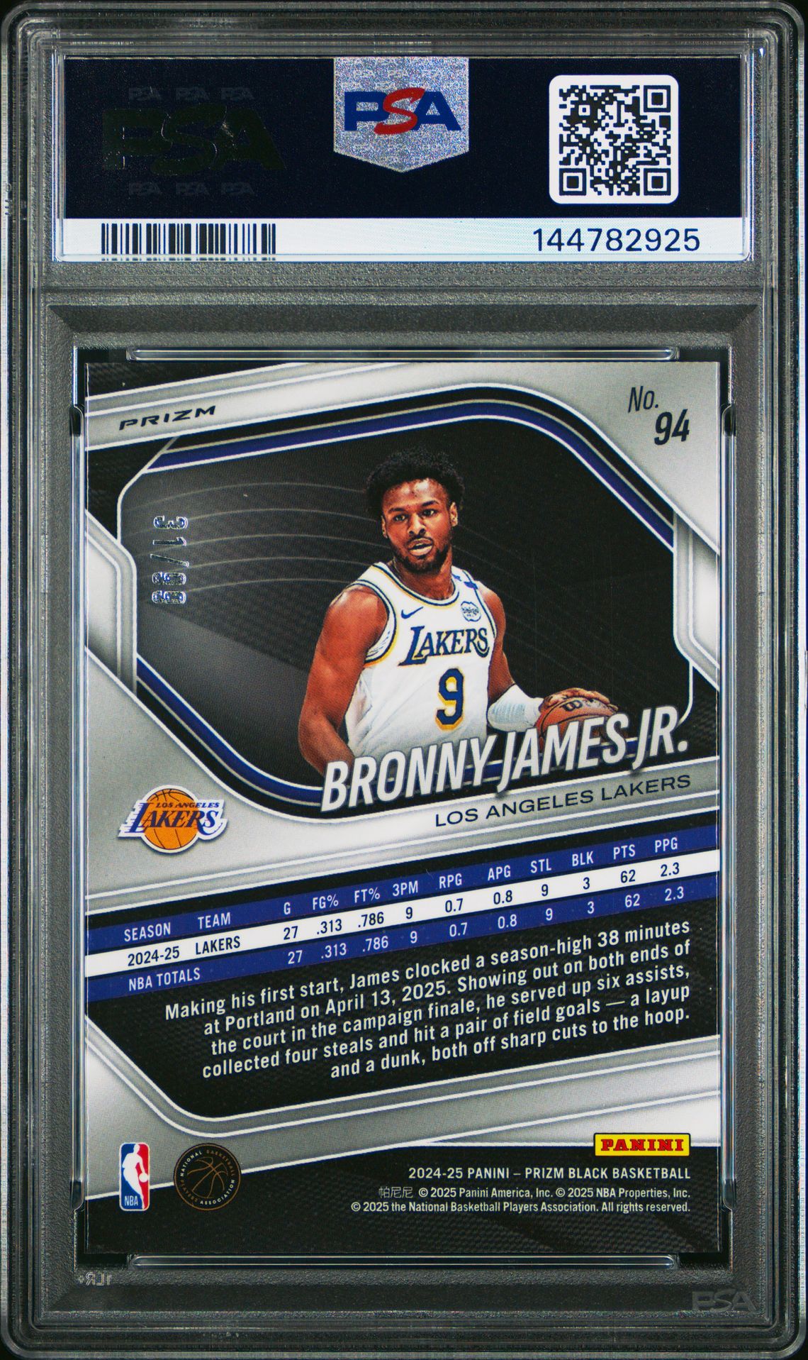 2024 Panini Prizm Black Bronny James Jr. #94 (Purple Prizm) Mint 9 back