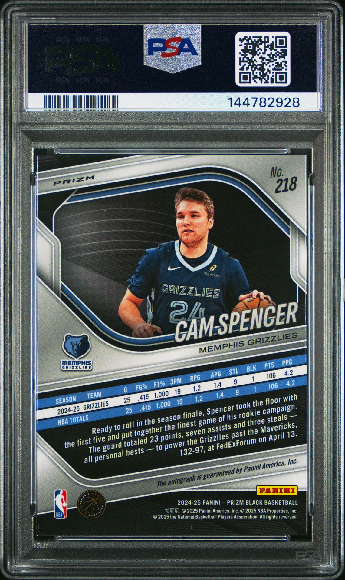 2024 Panini Prizm Black Cam Spencer #218 (Autograph) Gem Mt 10 back