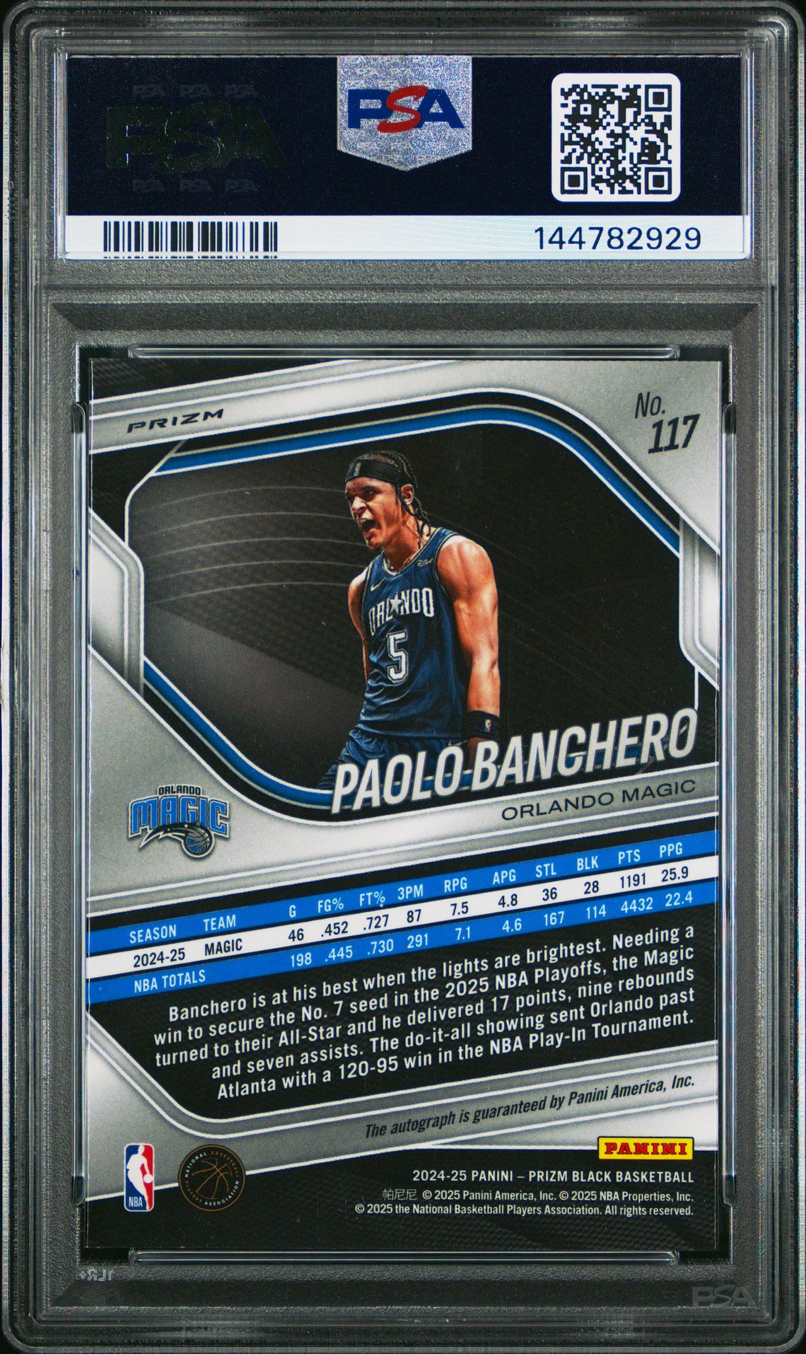 2024 Panini Prizm Black Paolo Banchero #117 Gem Mt 10 back